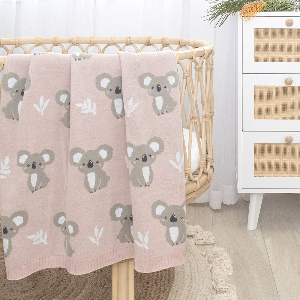 Soft Cotton Knit Australiana Baby Blanket - Blush Koala Design | Perfect for Nursery, Stroller & Gift Giving