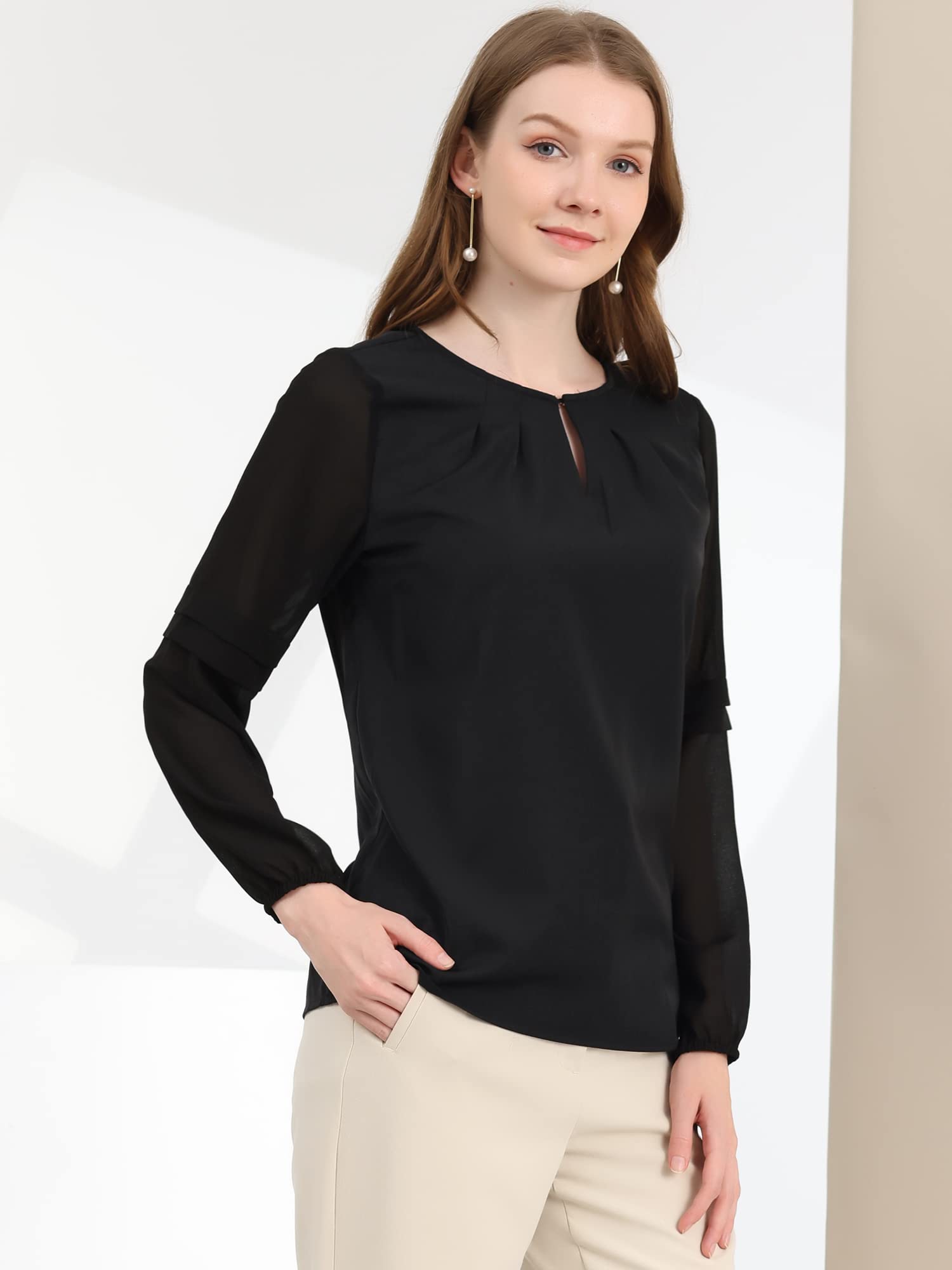 Allegra K Women's Elegant Chiffon Blouse - Semi-Sheer Long Sleeve Work Top with Keyhole Neckline | Perfect for Office Wear, Business Meetings & Professional Occasions