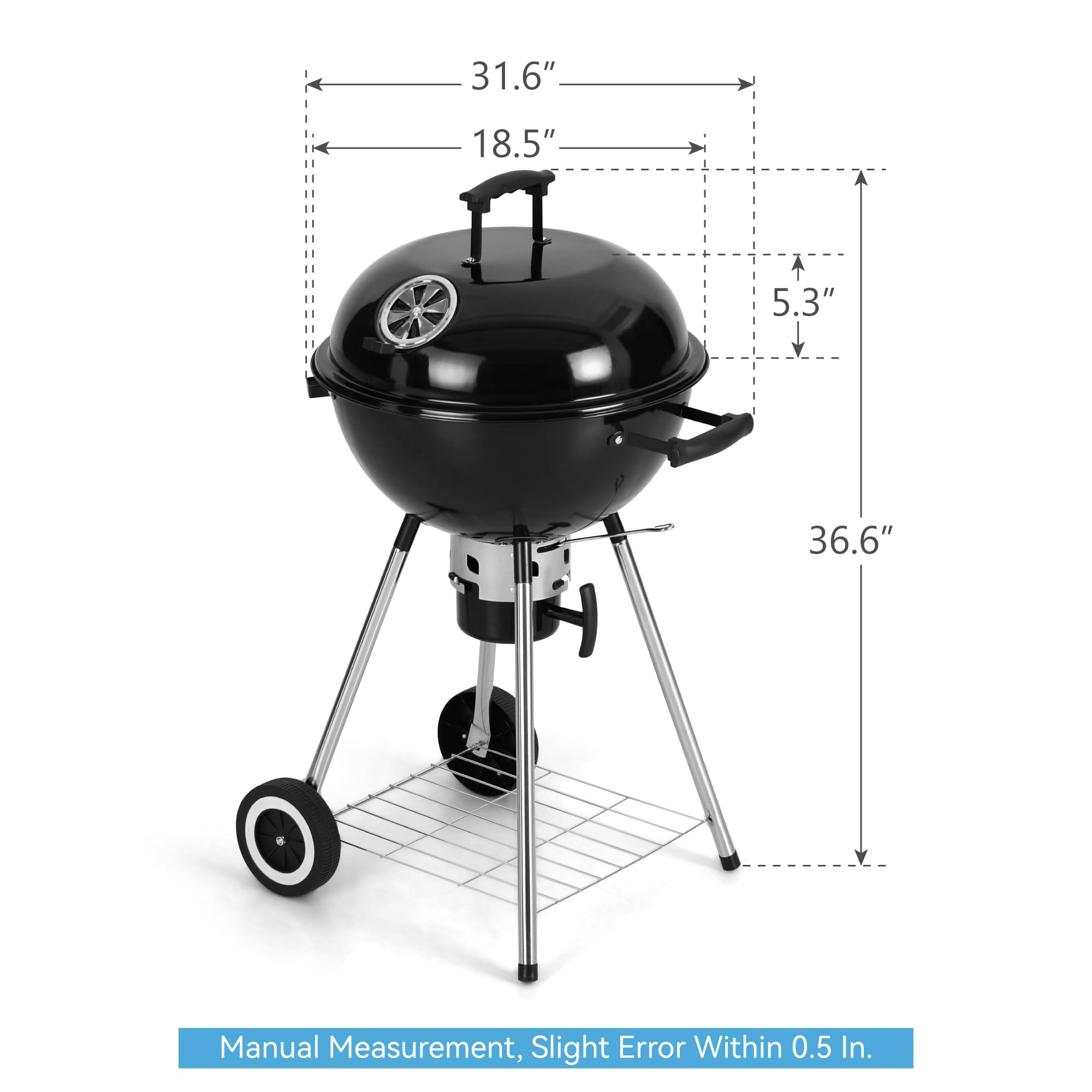 GREEN PARTY 18 Inch Portable Charcoal BBQ Grill with Wheels - Porcelain-Enameled Lid & Ash Catcher for Outdoor Cooking, Camping, Picnics, Tailgating & Backyard Barbecues | Heavy-Duty Kettle Grill for Patio, Garden & RV Trips