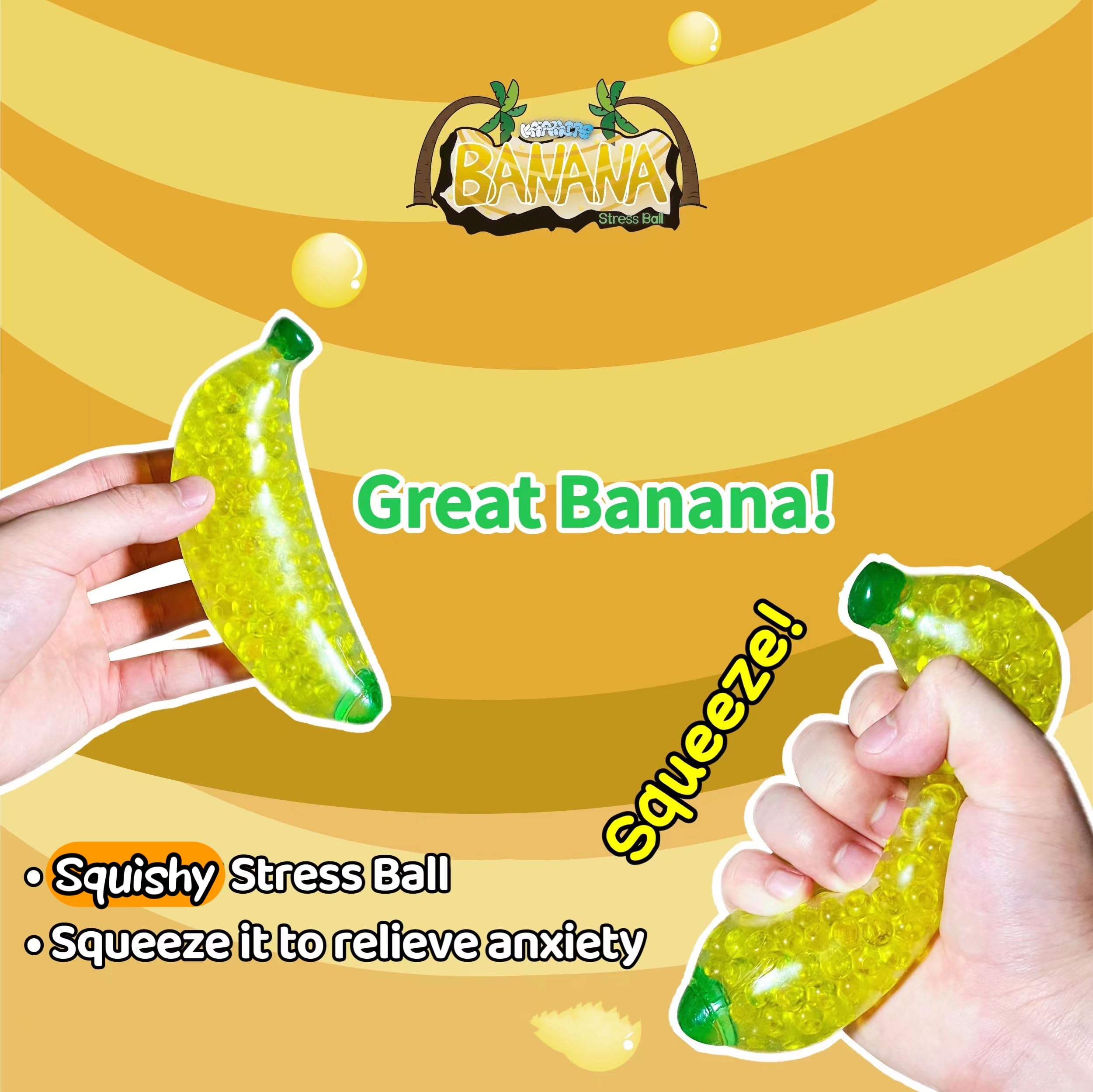Squishy Banana Stress Balls - Stretchy Fruit Stress Relief Toys for Adults & Kids | Fun Party Favors, Vase Fillers, Home & Christmas Decorations, Easter Basket Stuffers | Perfect for Office Stress Relief, Classroom Rewards & Sensory Play