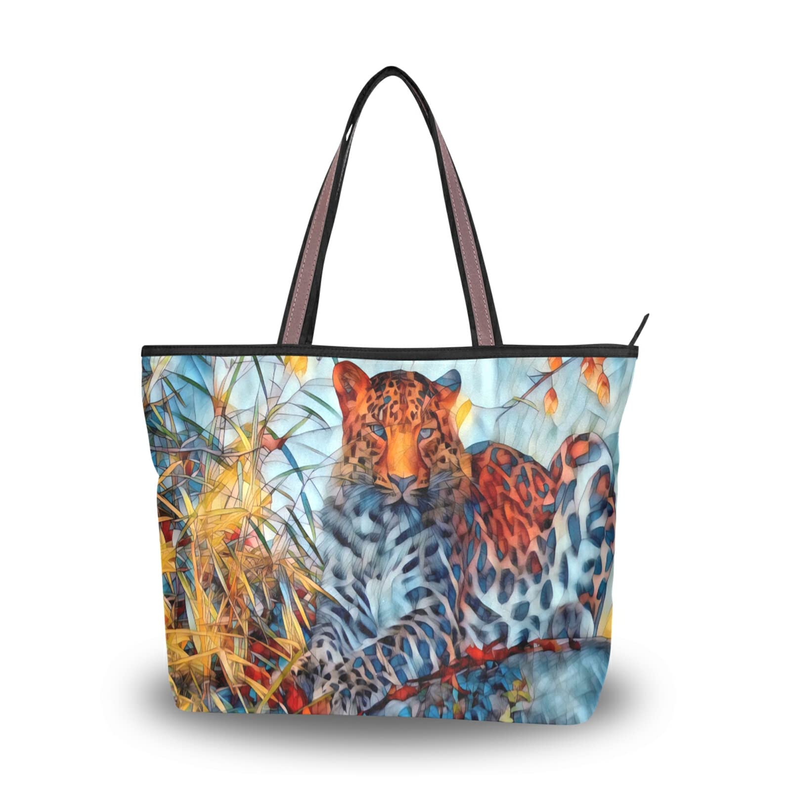 Stylish Geometric Leopard Print Tote Bag for Women - Large Capacity Zipper Grocery Bag with 2 Size Options | Perfect for Shopping, Work, Travel & Everyday Use
