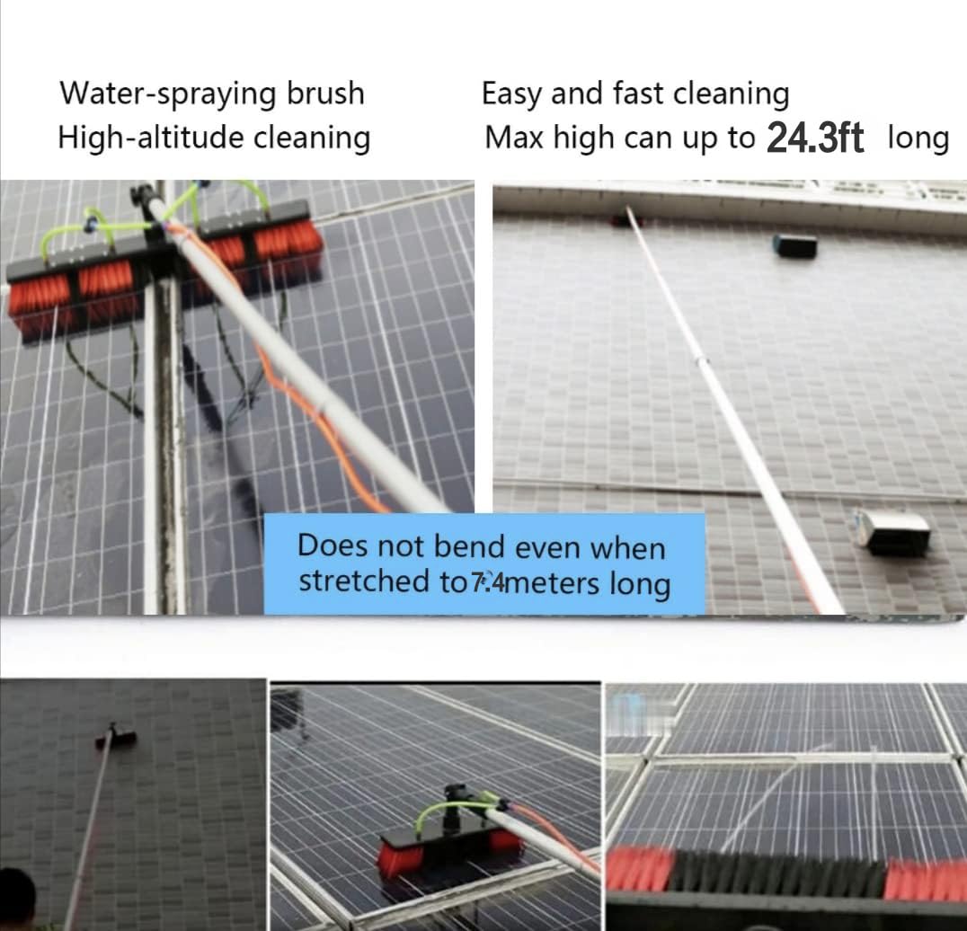 Adjustable Telescopic Water Fed Pole (1-7.4m/3.28-24.43ft) with 13.78in Short Brush & 65ft Hose - Professional Window Cleaning System for High-Rise Buildings, Solar Panels, and Hard-to-Reach Areas