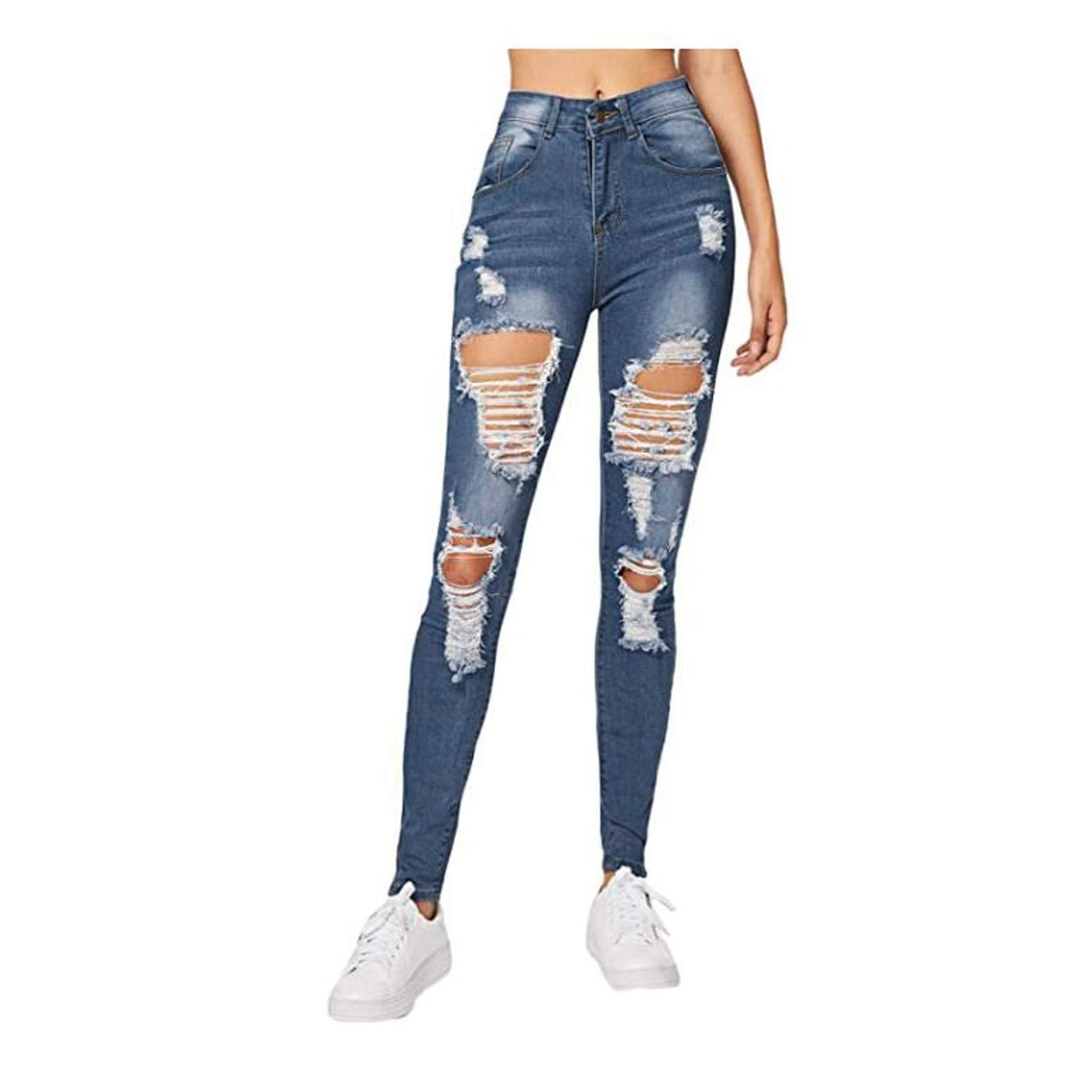 **UODSVP Women's High Waisted Skinny Jeans - Distressed Ripped Black & Medium Wash Blue | Plus Size XL | Fashionable Ankle Flare Pants for Casual Outfits & Streetwear**