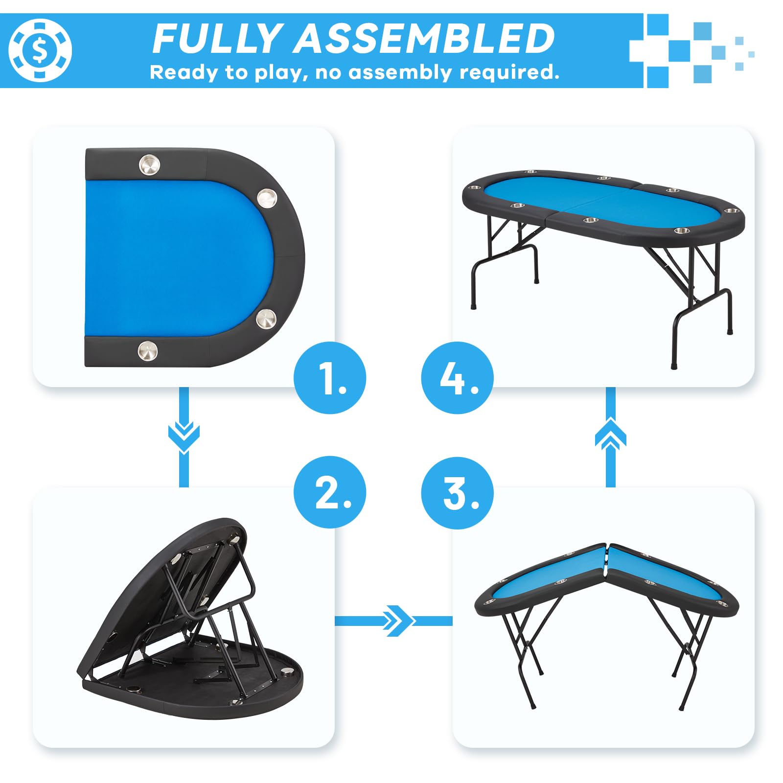 ECOTOUGE 8 Player Foldable Poker Table with Stainless Steel Cup Holders & Carry Bag - Portable Texas Holdem Poker Game Table for Casino Nights, Home Parties & Outdoor Events (Blue, No Assembly Required)