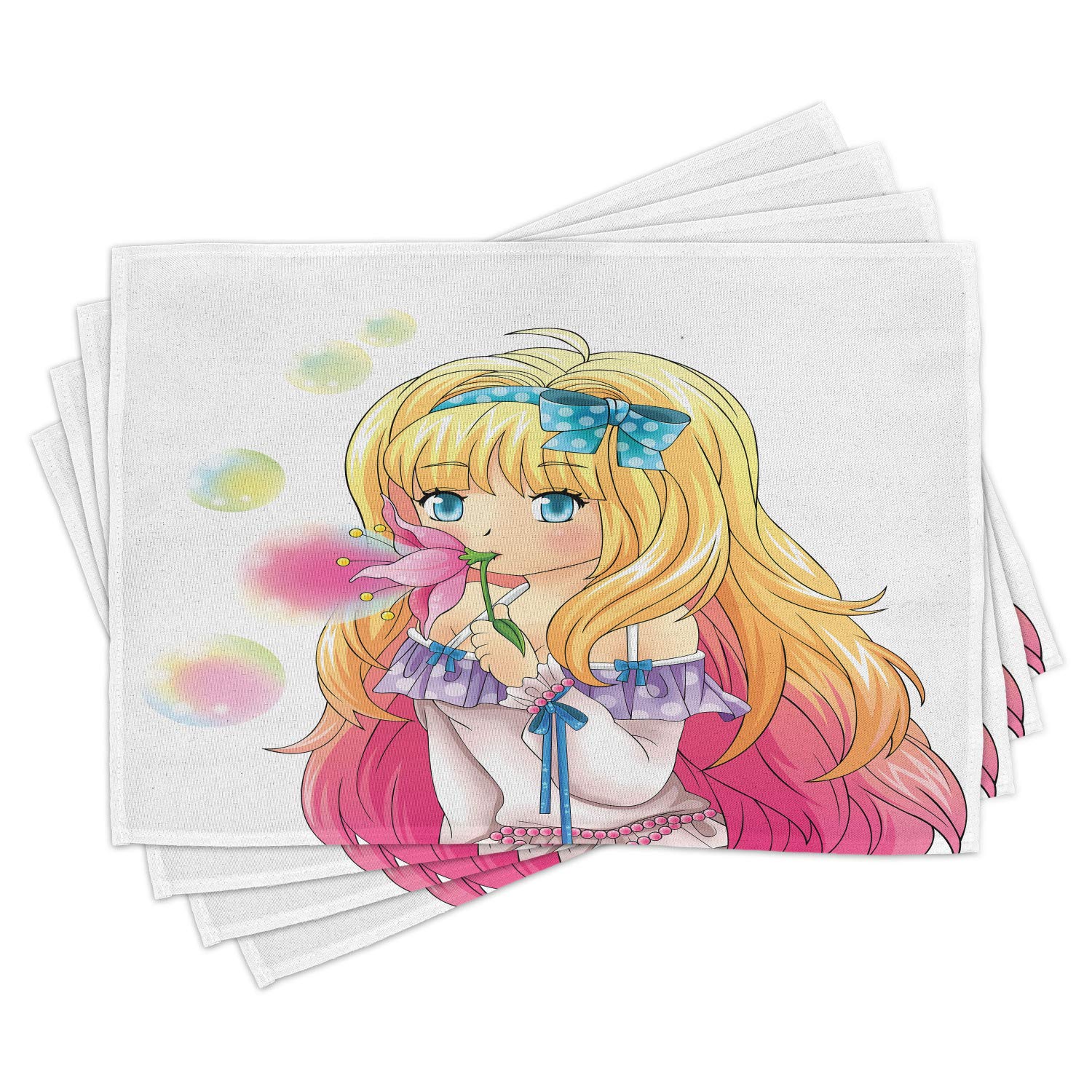 Ambesonne Anime Place Mats Set of 4 - Japanese Manga Girl Blowing Bubbles from Flower Cartoon Art Print, Washable Fabric Dining Table Mats for Kitchen & Home Decor in Pink & Yellow - Perfect for Anime Lovers, Dinner Parties, and Themed Decorations