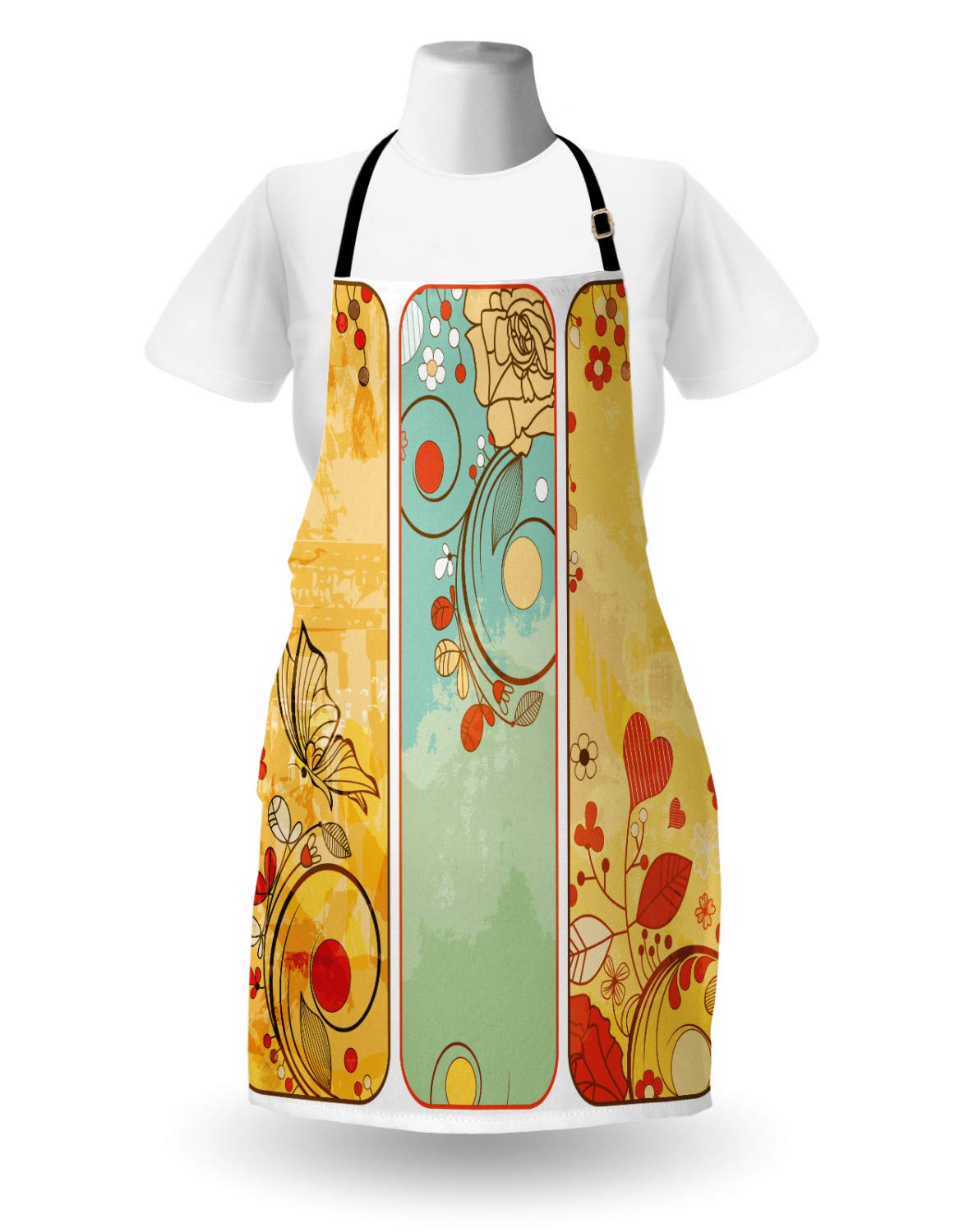Ambesonne Vintage Apron - Floral Butterfly & Heart Design Retro Kitchen Bib - Adjustable Neck for Cooking, Baking, Gardening - Unisex Home & Cafe Use