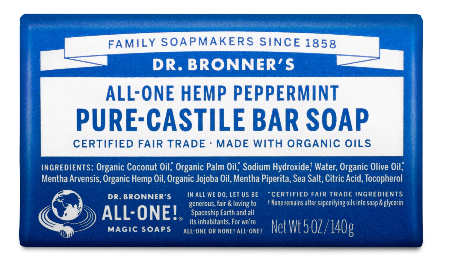 Dr. Bronners Pure Castile Bar Soap - Peppermint Scented, Organic, Vegan, 18-in-1 Uses | Gentle Cleansing for Face, Body & Hair | Perfect for Travel, Camping & Eco-Friendly Home Use
