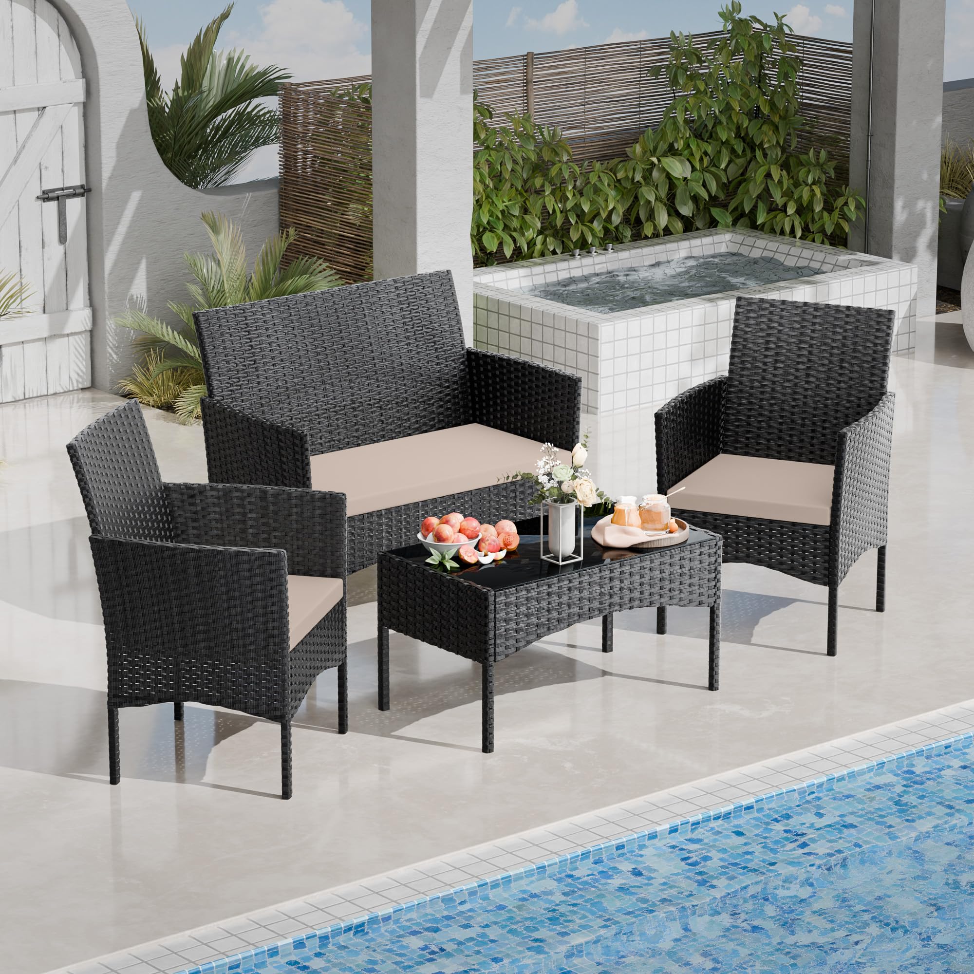 4-Piece Outdoor Patio Furniture Set - Rattan Wicker Conversation Set with Glass Table - Perfect for Porch, Pool, Backyard, Lawn, Garden & Beach Relaxation