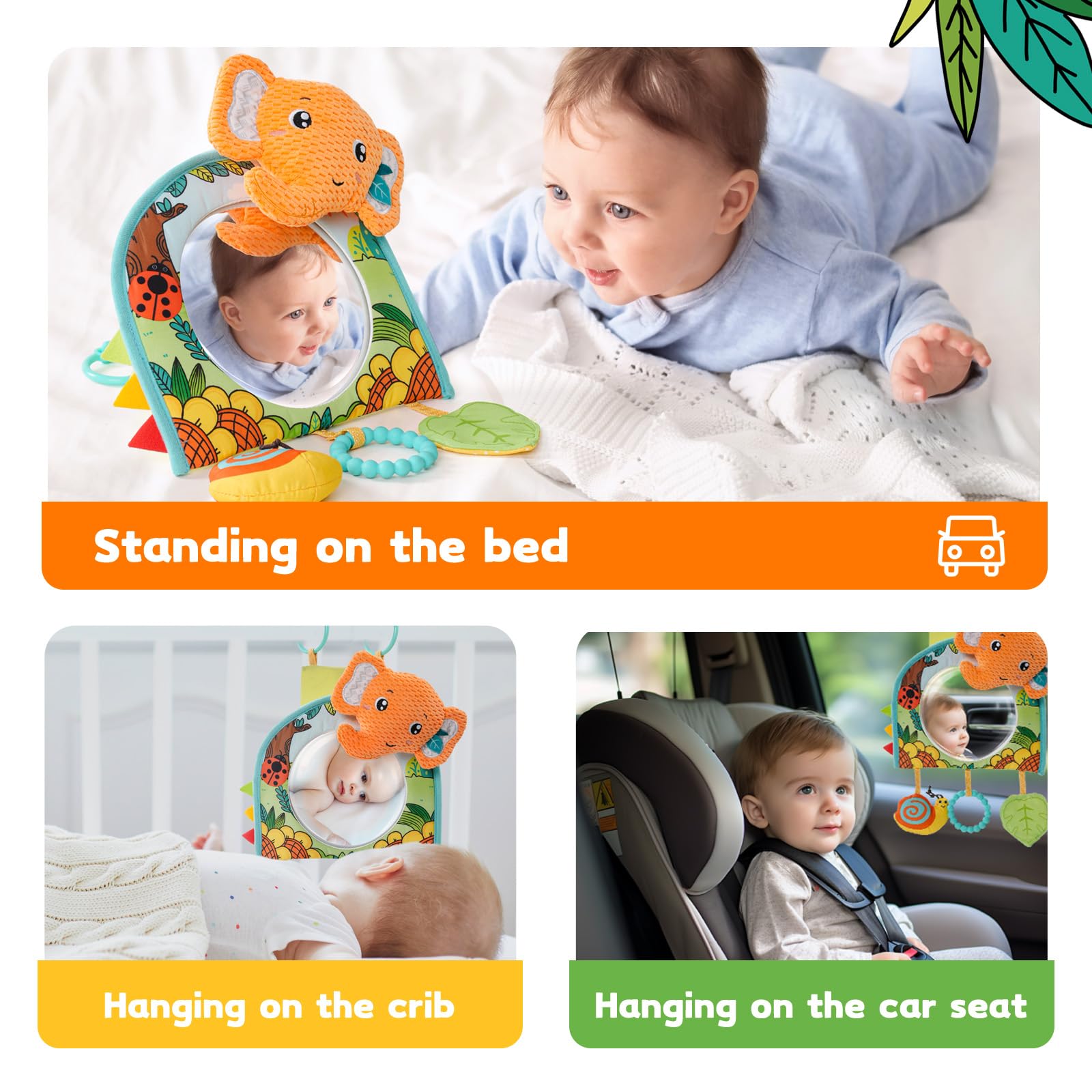 Baby Car Seat Toys - Mirror, Teether & Crinkle Paper for Travel & Tummy Time