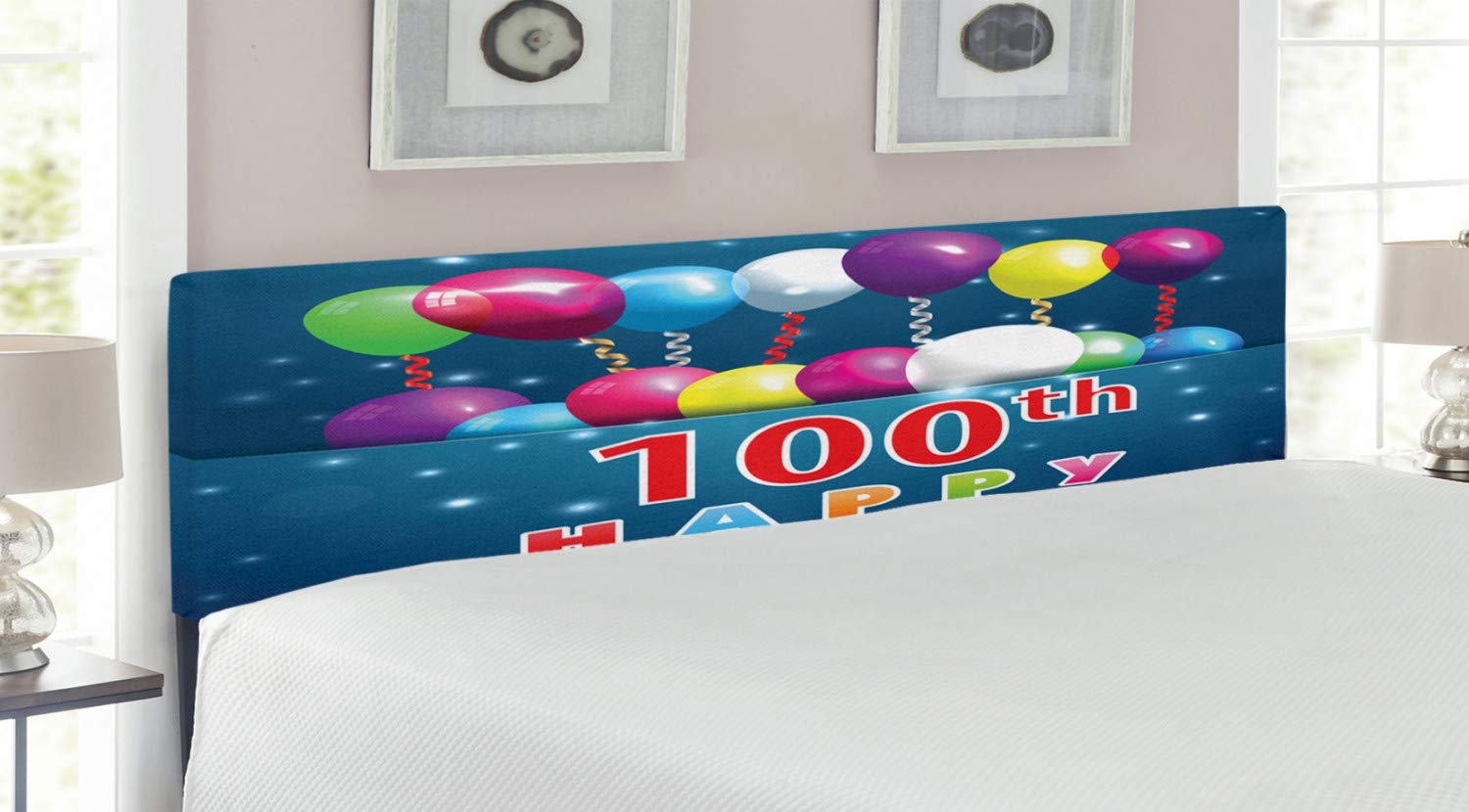 Ambesonne King Size Upholstered Metal Headboard with Memory Foam - 100th Birthday Celebration Design Featuring Colorful Balloons & Star Dots in Blue & Navy - Perfect for Bedroom Decor, Anniversary Gifts & Special Occasion Room Makeovers