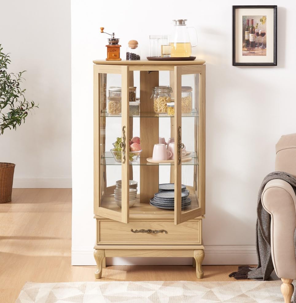 Lighted Glass Curio Cabinet with Adjustable Shelves - 2 Door Oak Display Cabinet with Drawer & Bulb Included - Perfect for Wine Storage, China Showcase & Living Room Decor