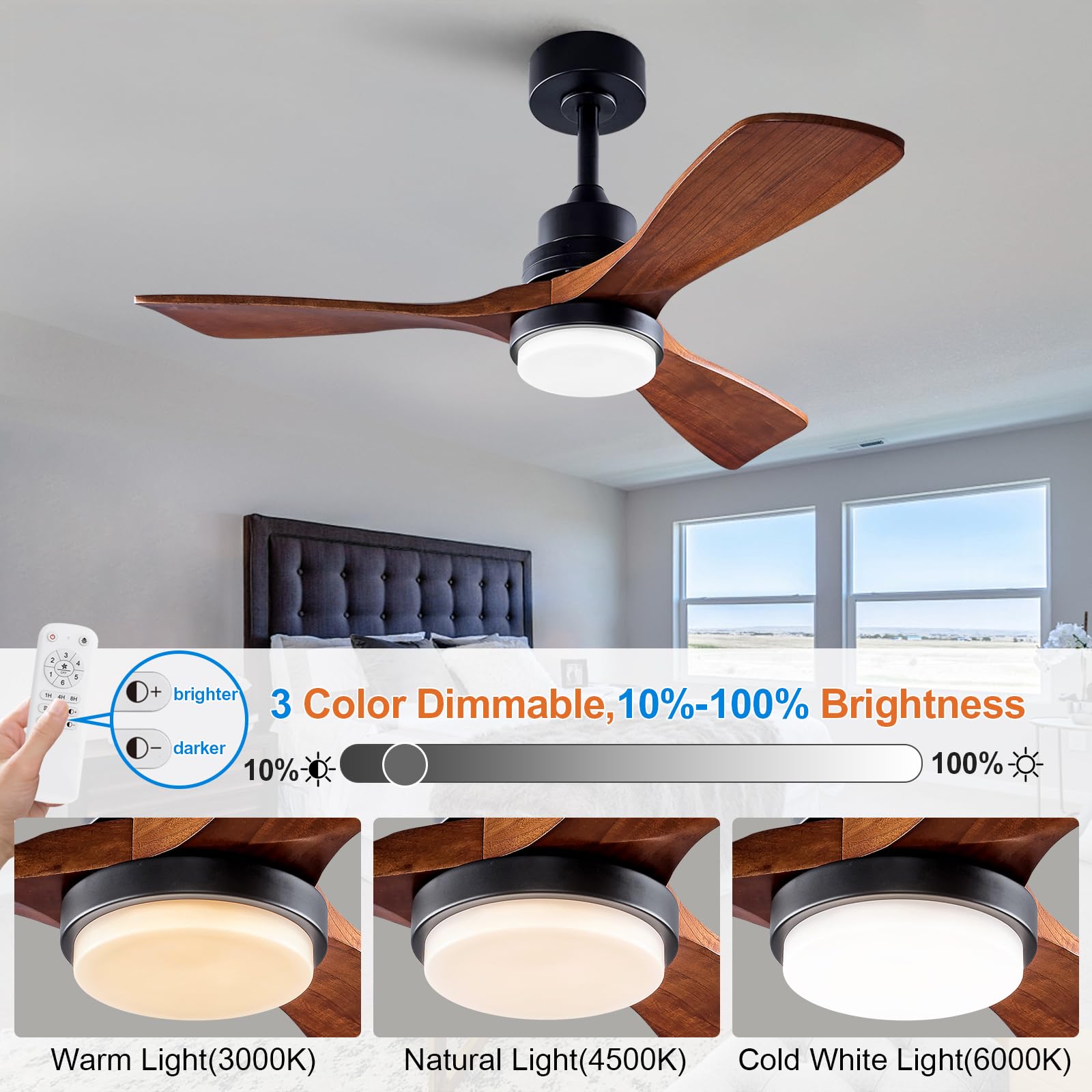 BOJUE 42 Inch Modern Black Ceiling Fan with Light and Remote Control - Dimmable LED Light, Ultra Quiet Reversible DC Motor, Memory Function - Solid Wood Indoor/Outdoor Ceiling Fan for Office, Patio, Living Room, Bedroom, Dining Room