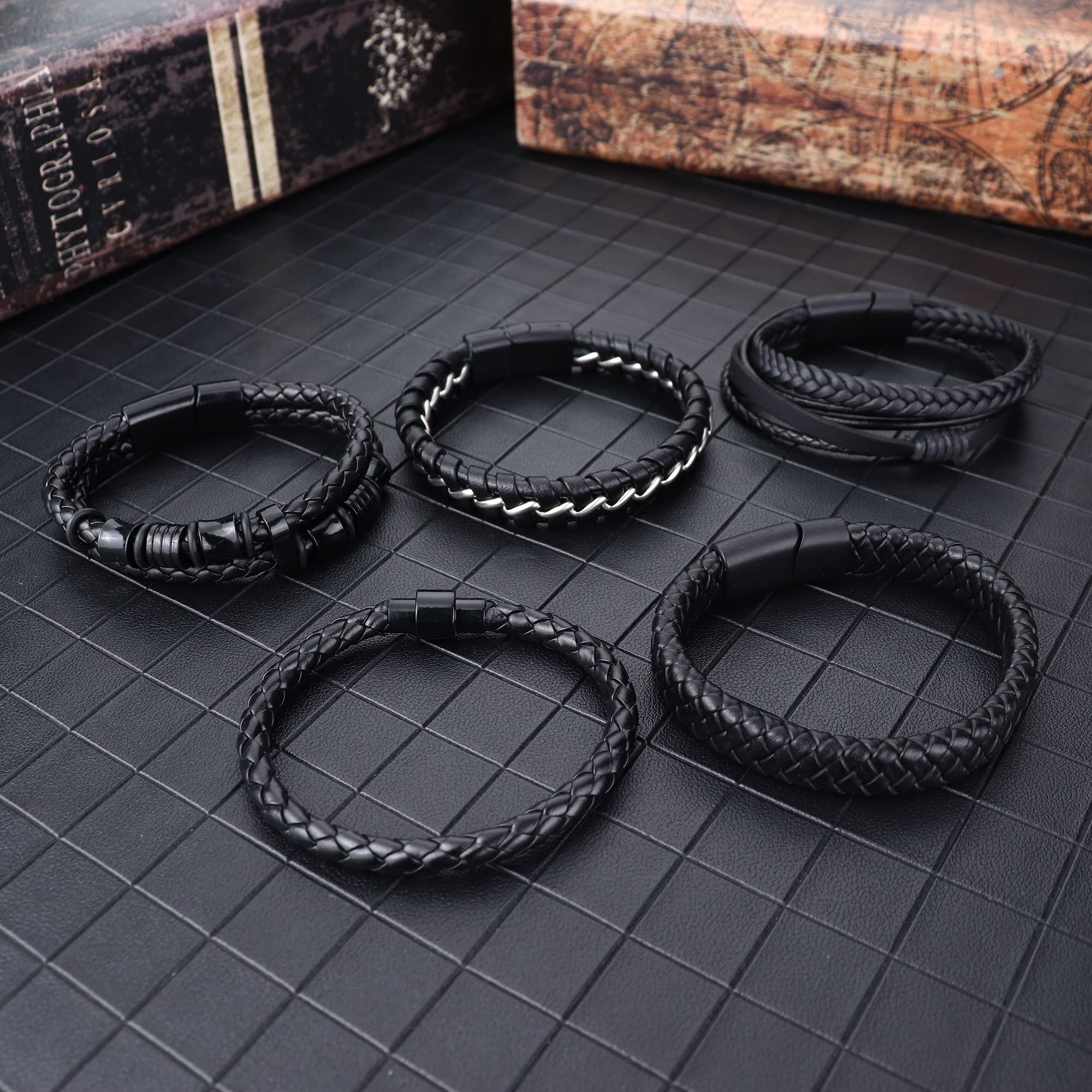 SAILIMUE 5-Pack Black Leather Bracelets for Men & Women - Adjustable Braided Leather Wristbands (7.5-8.5 Inch) - Stylish Cuff Bracelet Set for Casual Wear, Gifts & Fashion Accessories