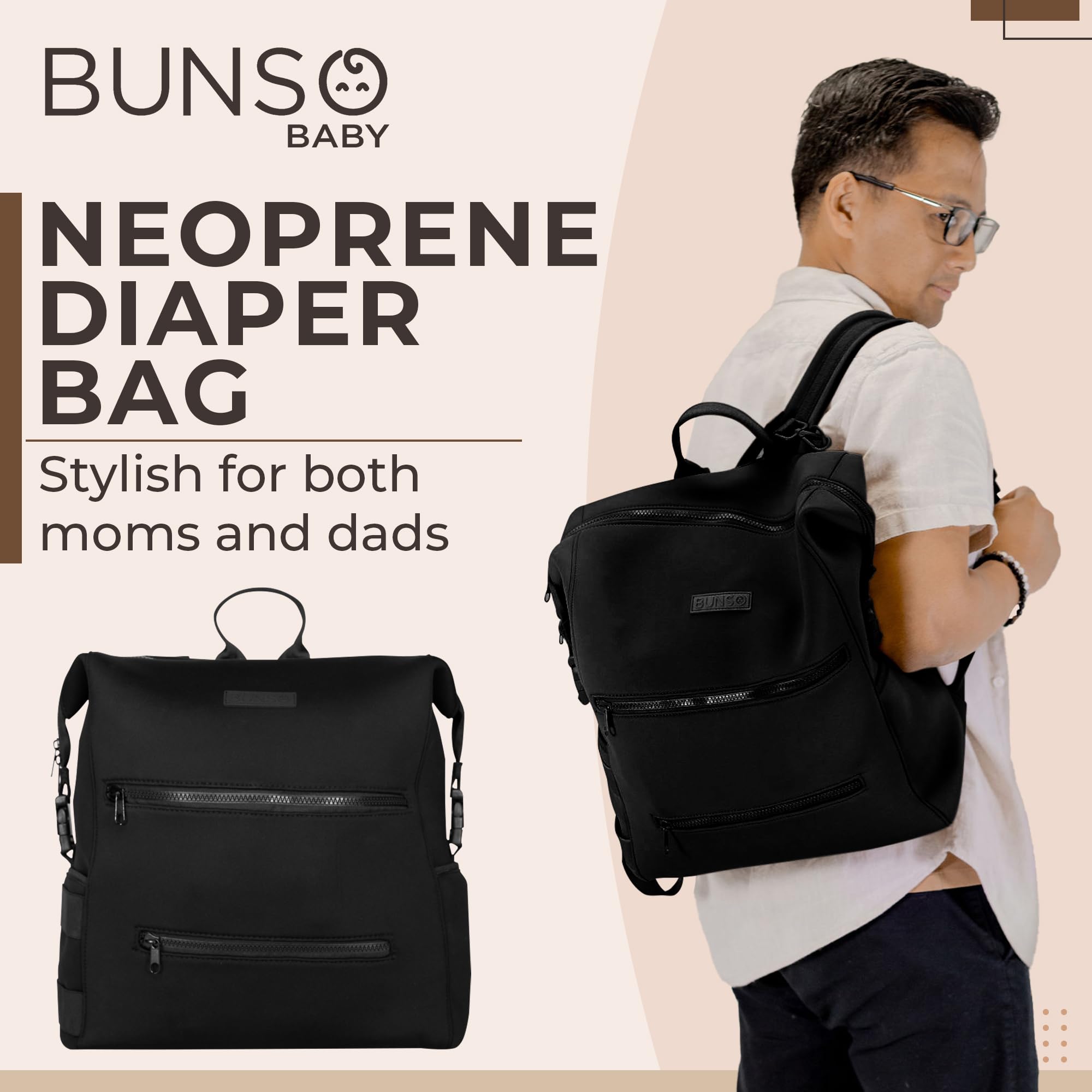 Lightweight Waterproof Diaper Bag Backpack for Baby - Neoprene Travel Changing Bag with Insulated Pockets, Stroller Straps & Wet Dry Compartment | Perfect for Moms, Dads & Daycare (Black)