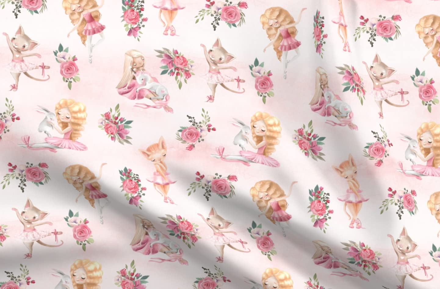 Little Ballerinas Cats Unicorns Printed Minky Fabric - Blush Pink Background with Flowers - Soft Plush Fat Quarter for Sewing Baby Blankets, Quilt Backing & DIY Projects - Perfect for Nursery Decor, Kids Clothing & Crafting