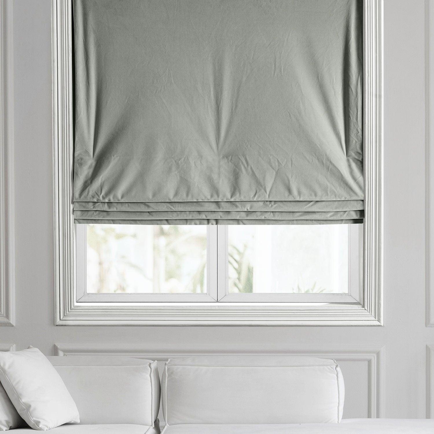 Premium Reflection Grey Signature Velvet Roman Shade - Blackout Window Treatment for Bedroom & Living Room - Elegant Home Decor with Light Filtering & Privacy Protection