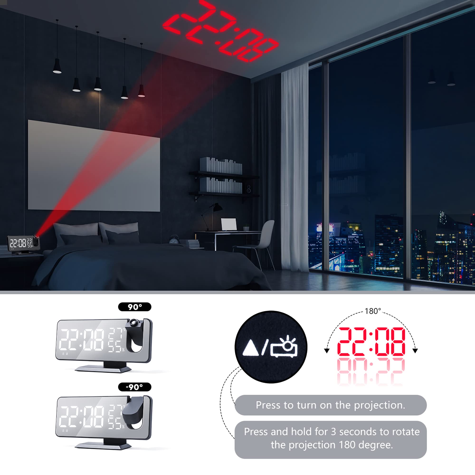 LITEYPP Alarm Clock Radio with 180° Ceiling Projection, Digital Mirror Clock with 7