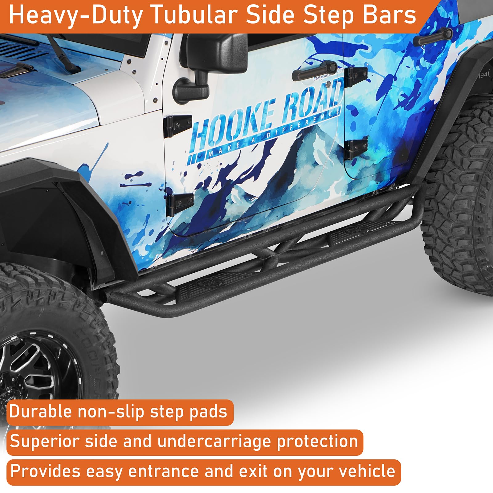 Hooke Road Wrangler JK Drop Side Steps Nerf Bars Running Boards for Jeep Wrangler JK Unlimited 4 Door 2007-2018 - Heavy Duty Off-Road Protection & Easy Entry/Exit for Adventure & Daily Driving