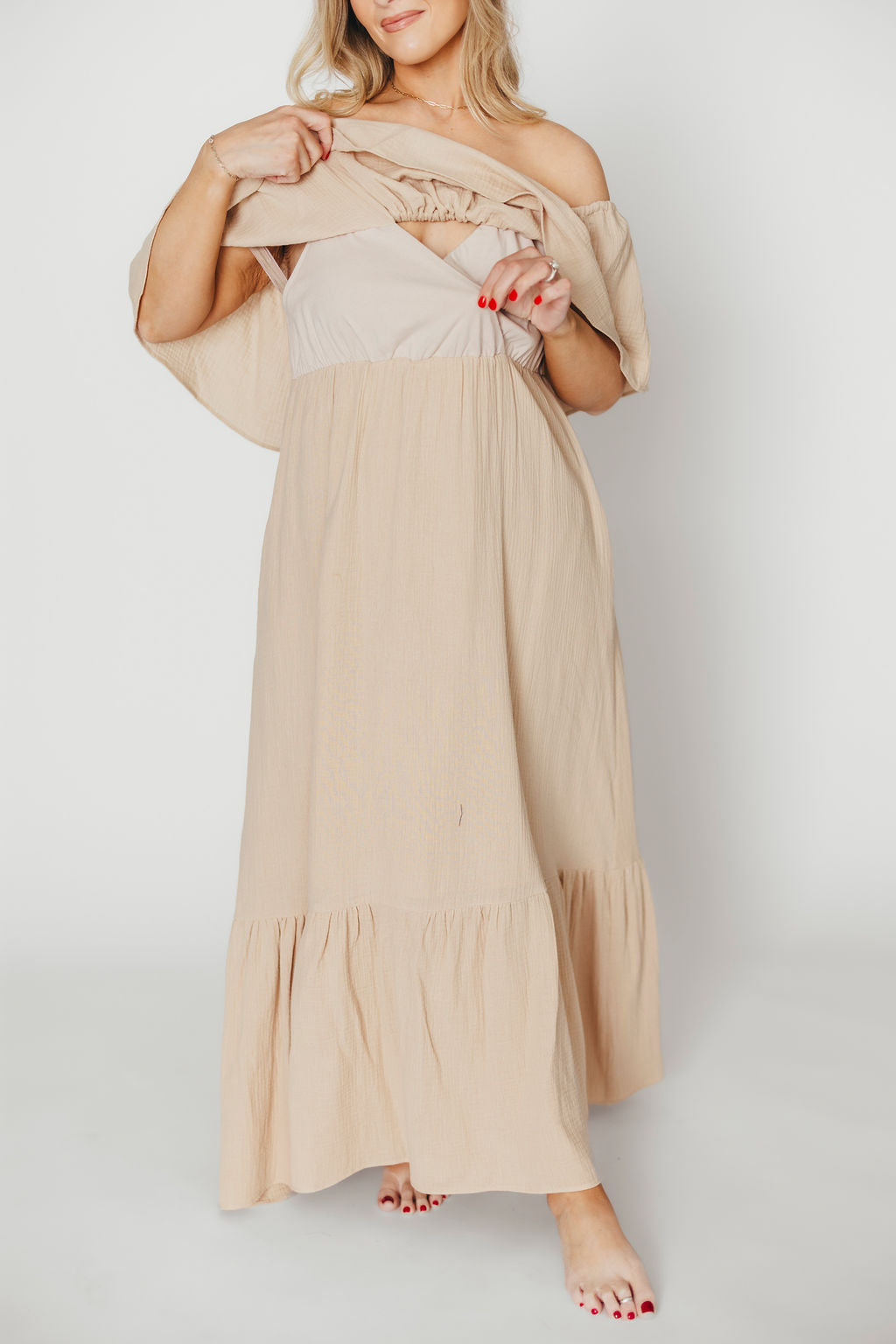 Josie 100% Cotton Maxi Dress in Beige - Bump & Nursing Friendly Maternity Dress for Pregnancy & Breastfeeding | Perfect for Casual Outings, Baby Showers & Nursing Comfort