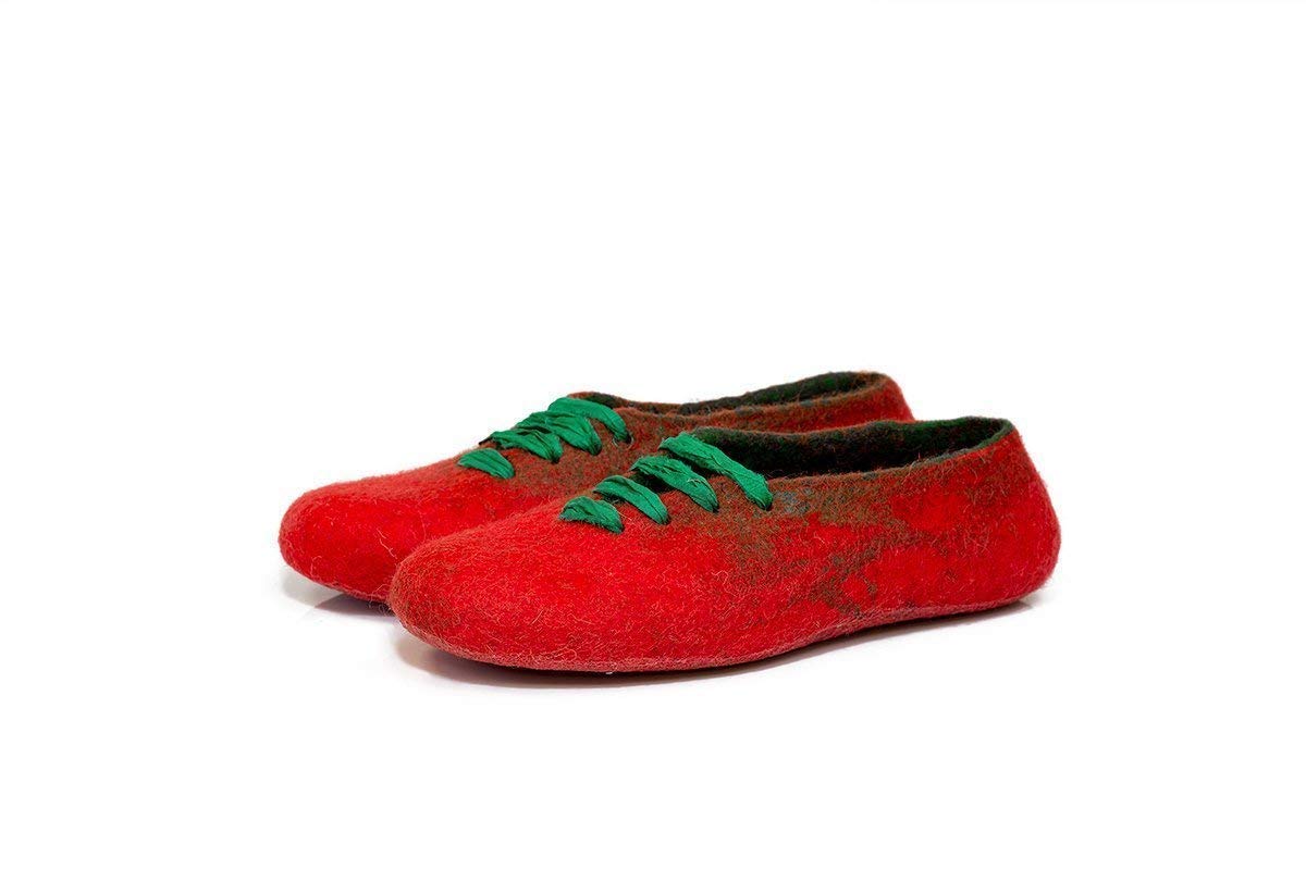 Handmade Wool Slippers with Red Silk Laces - Cozy Winter House Shoes for Women | Perfect Mother's Day Gift for Her | Warm Indoor/Outdoor Comfort for Home, Office & Travel