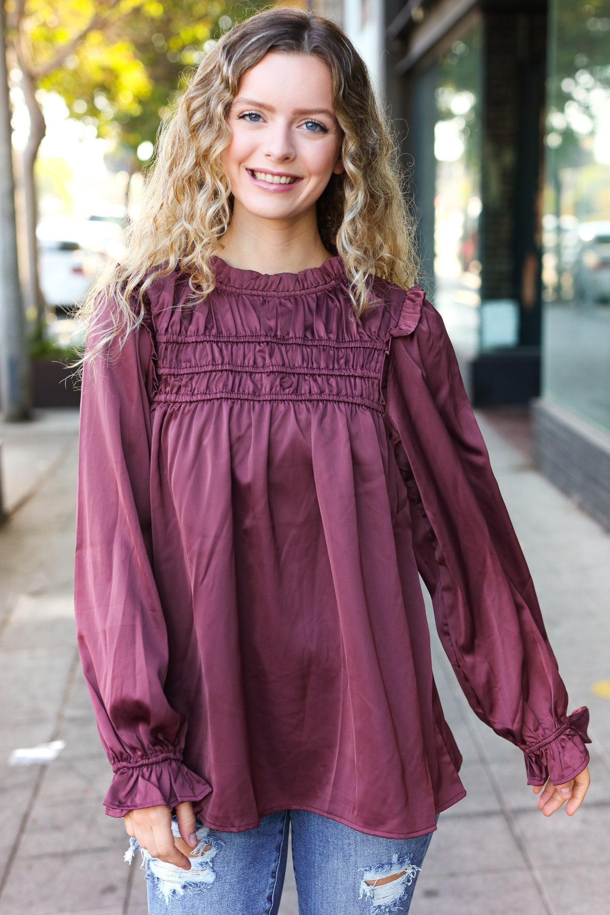Stylish Wine Satin Shirred Yoke Frilled Mock Neck Top for Women | Elegant Blouse for Date Night, Parties & Special Occasions