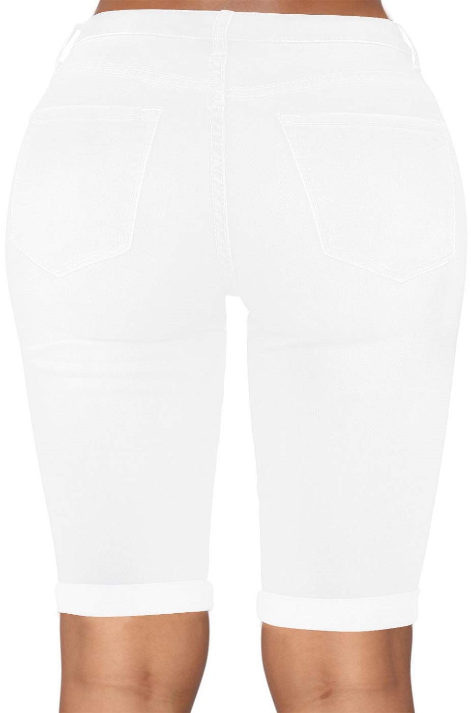 Roswear Women's Mid Rise Roll Cuff Bermuda Stretch Denim Jean Shorts - Comfortable Casual Summer Shorts for Beach, Travel & Everyday Wear