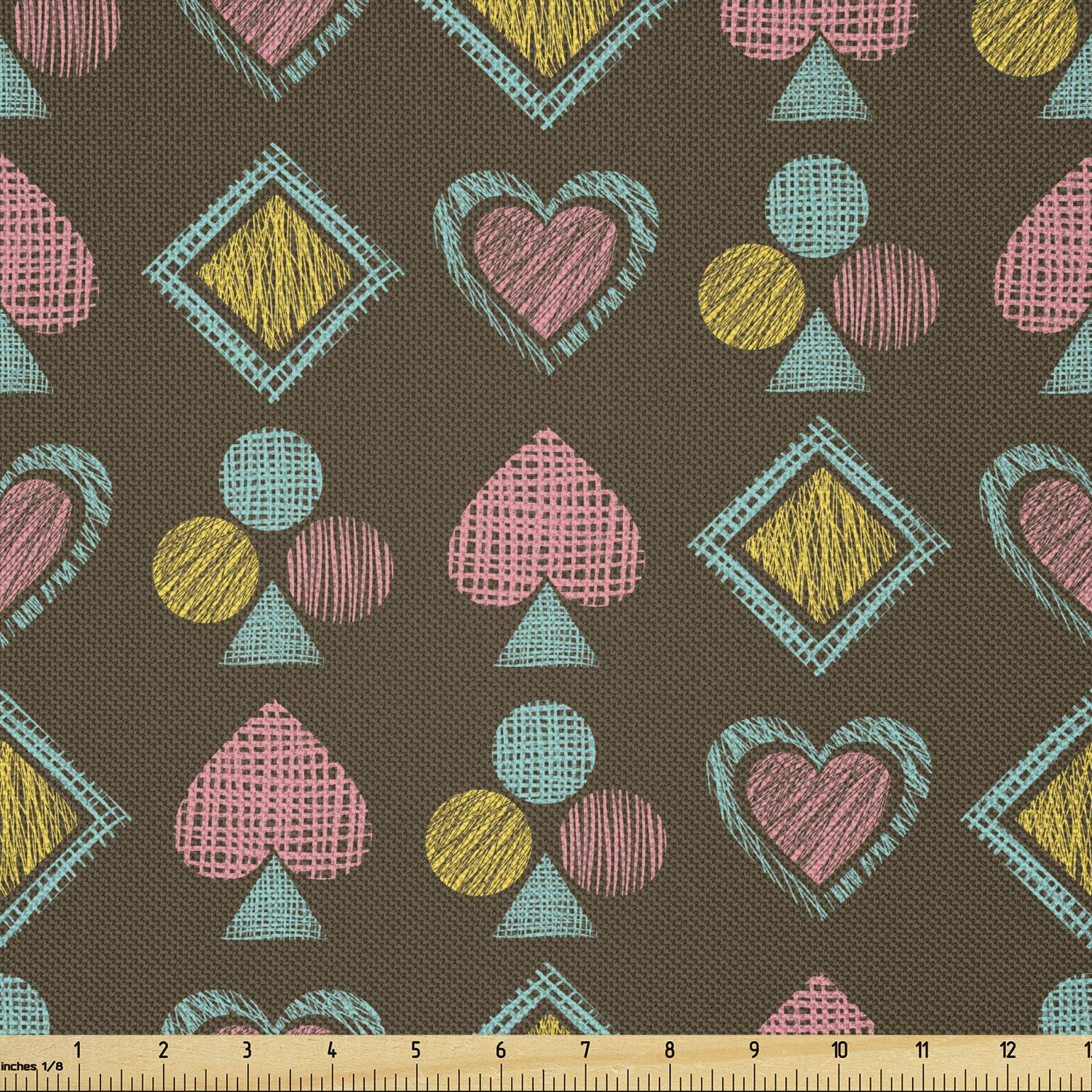 Ambesonne Poker Themed Fabric by The Yard - Doodle Style Playing Cards with Pale Pink & Blue Grunge Effect - Decorative Satin Material for DIY Crafts, Upholstery, Quilting & Home Decor (10 Yards, Multicolor) - Perfect for Table Runners, Throw Pillows & Wall Hangings