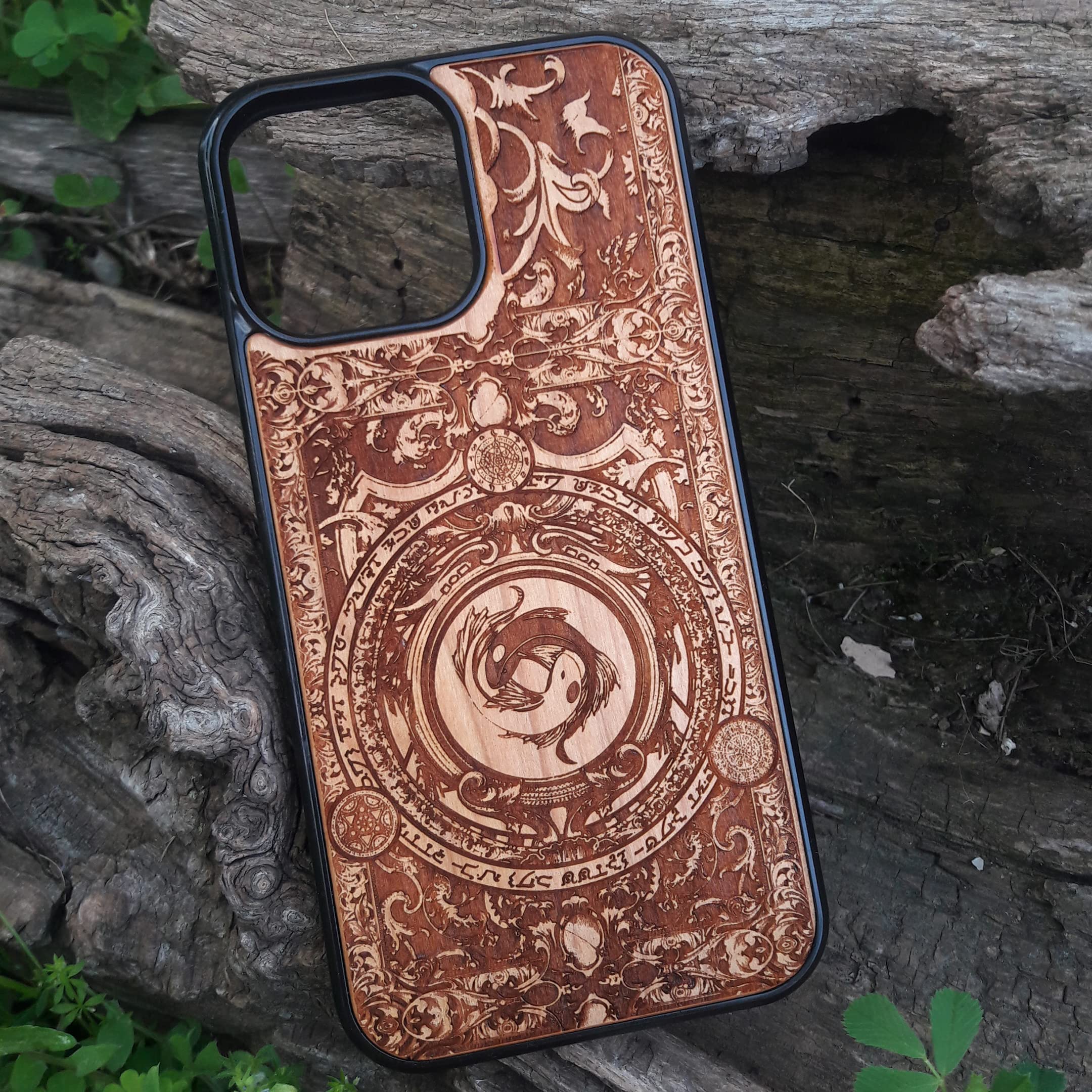 Yin Yang Koi Fish Laser Engraved Wood Phone Case for iPhone 16/15/14/13/12/11 Pro Max Mini & Galaxy S25/S24/S23/S22/S21/S20 Ultra Plus - Eco-Friendly Slim Durable Wooden Cover - Perfect for Nature Lovers & Zen Style Protection