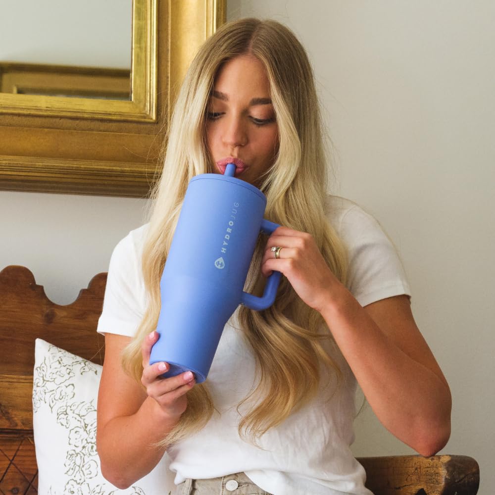 HydroJug Traveler - 40 oz Insulated Stainless Steel Water Bottle with Handle & Flip Straw - Leak Proof, Fits in Cup Holder, Reusable Tumbler with Rubber Base - Perfect Gift for Women & Men, Light Blue - Ideal for Gym, Hiking, Office & Outdoor Activities