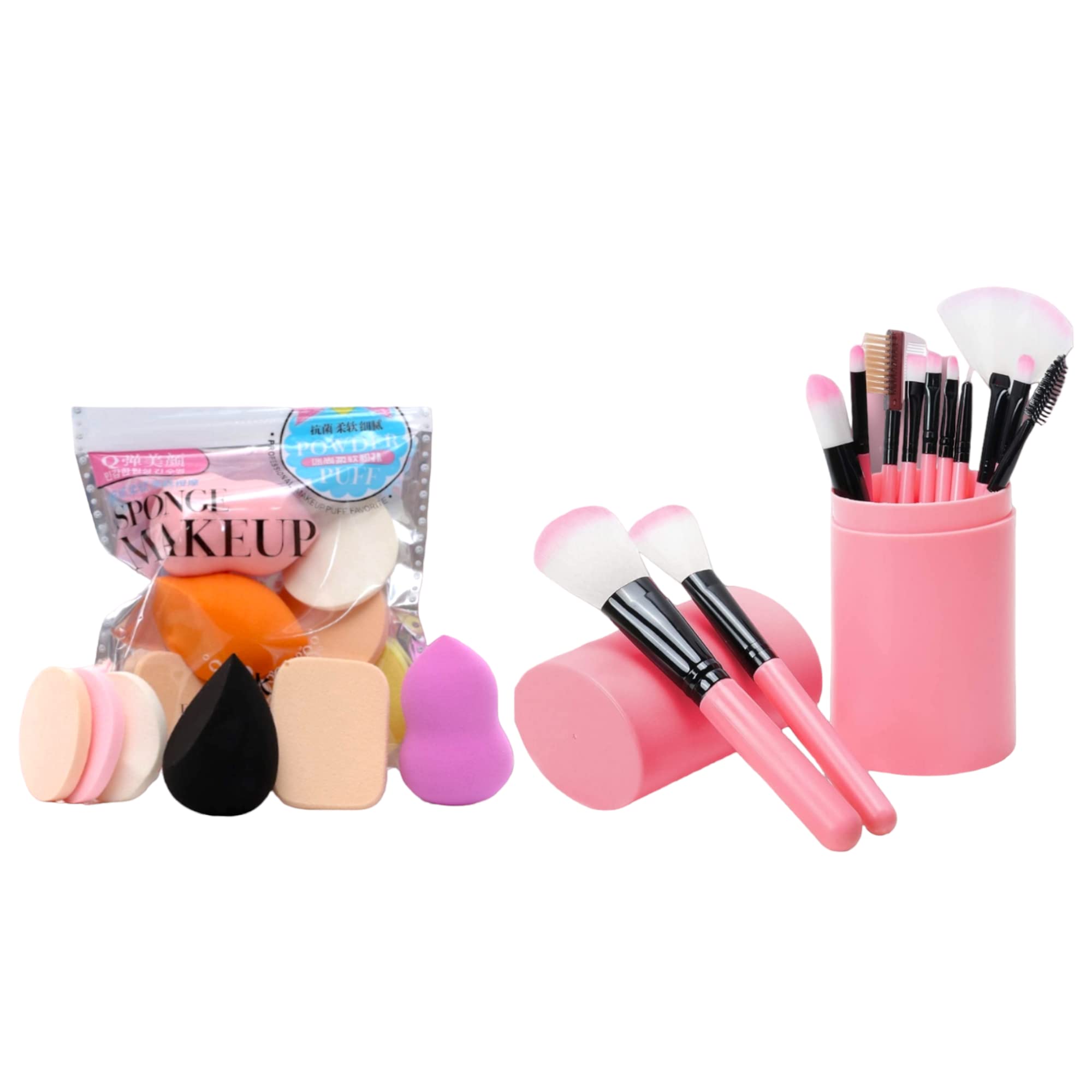 12-Piece Marvel Face & Eye Makeup Brush Set with Storage Barrel - Pink Cosmetic Brushes & 6-in-1 Makeup Sponge Blender (18-Pack) for Professional Makeup Application & Travel Beauty Essentials