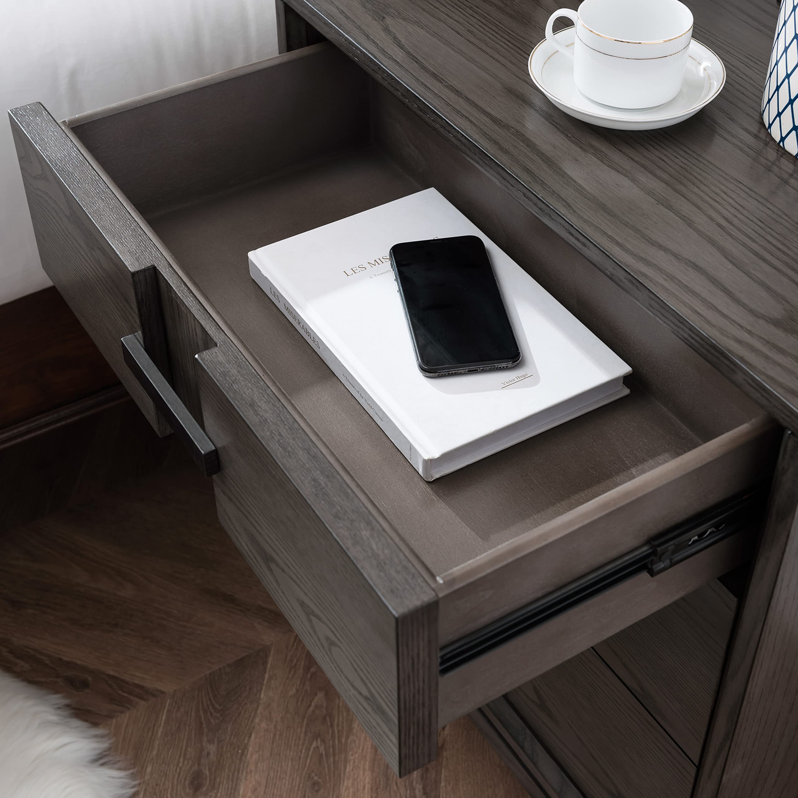Leick Home 9075 Modern Nightstand with USB-C Fast Charging | 1-Drawer Side Table with Integrated AC/USB Ports | Durable Gray Oak Finish for Bedroom, Living Room & Office Use