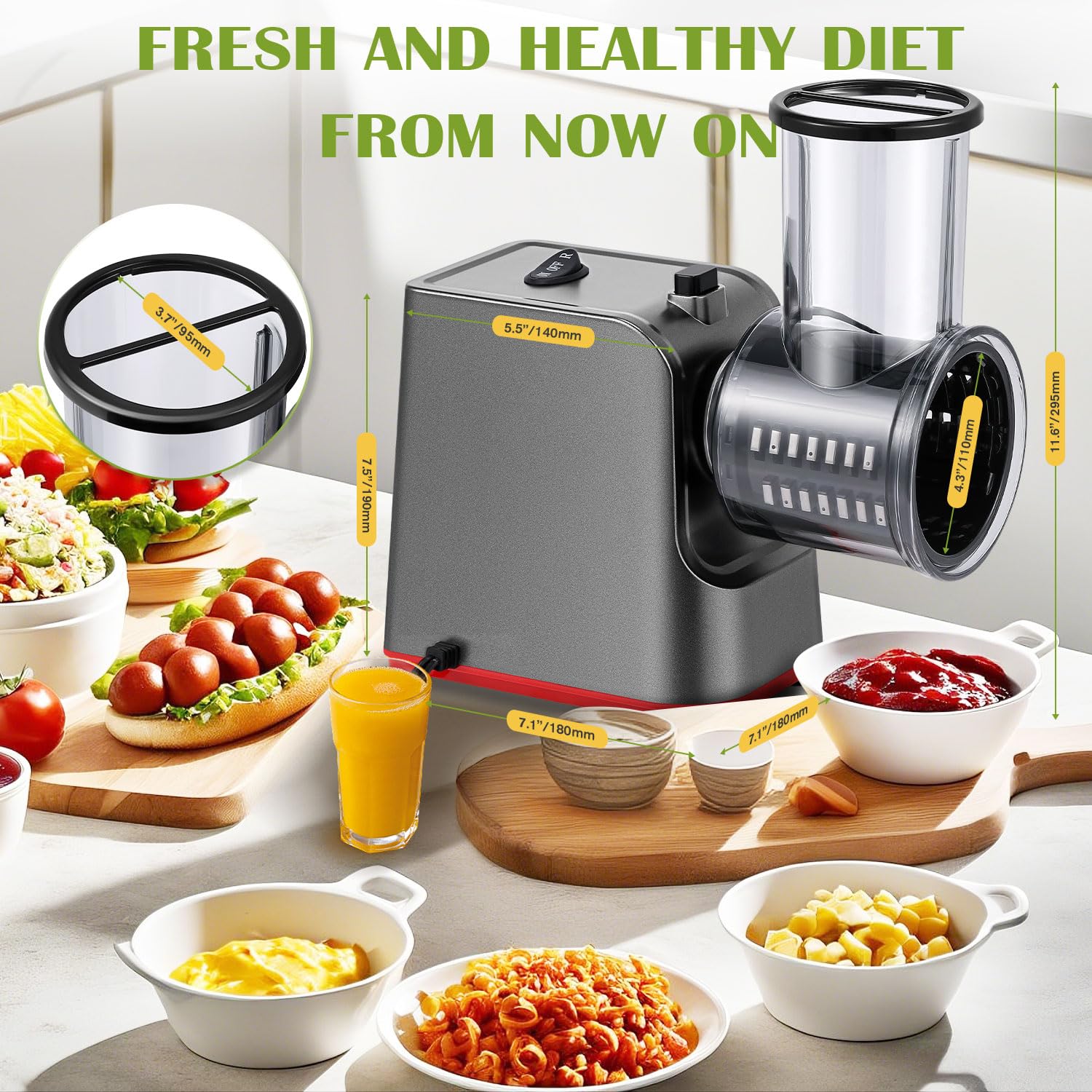 Electric Cheese Grater & Vegetable Shredder - 5-in-1 Multifunctional Kitchen Tool with Rotary Blades, Meat Grinder & Sausage Stuffer - Perfect for Grating Cheese, Shredding Vegetables, Making Salads & Homemade Sausages (Includes Kubbe Kit & Tomato Strainer) - Ideal for Home Cooking, Meal Prep & Party Food Preparation