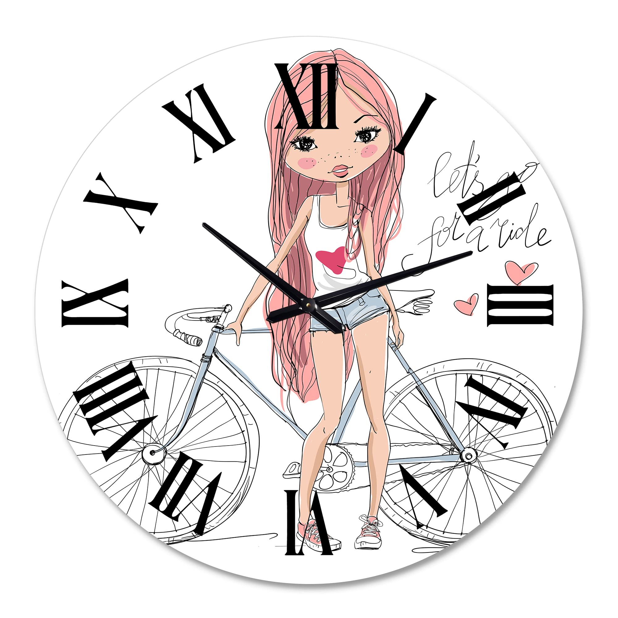 DesignQ Kids Wall Clock - 'Girl Riding Bicycle' Large Silent Non-Ticking Wall Clock for Children's Room, Nursery, Playroom & Classroom Decor | Perfect Gift for Girls Birthday