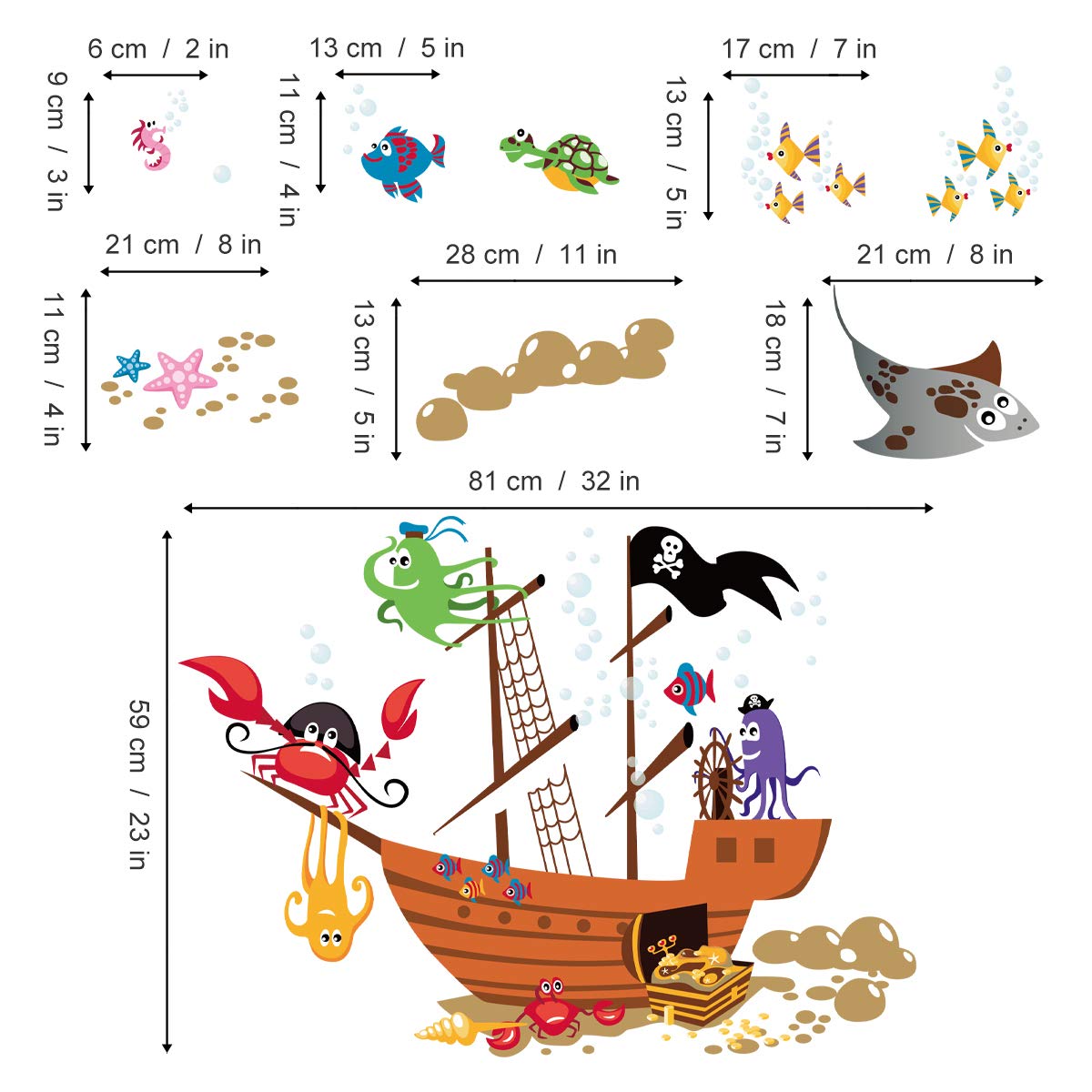 Pirate Ship & Sea Animal Wall Stickers - Crab, Octopus & Bubbles Decals for Kids Room Decor | Nursery, Playroom & Boys Bedroom Wall Art | Perfect for Underwater Theme & Pirate Adventure Decor