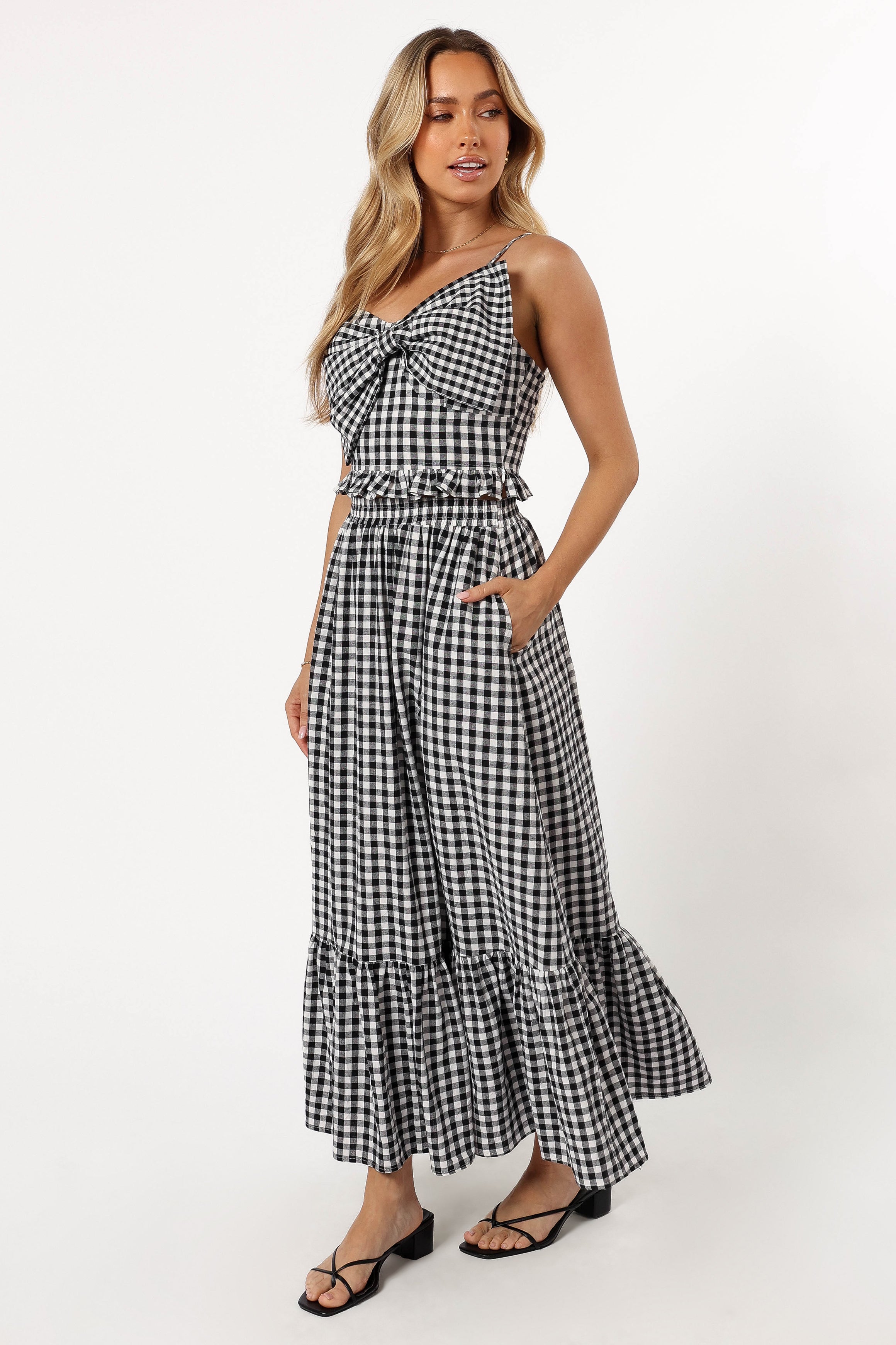 Bambi Tiered Midi Skirt - Black Gingham Checkered Floral Summer Skirt for Women | Casual Outfit, Date Night, Office Wear & Vacation Dress