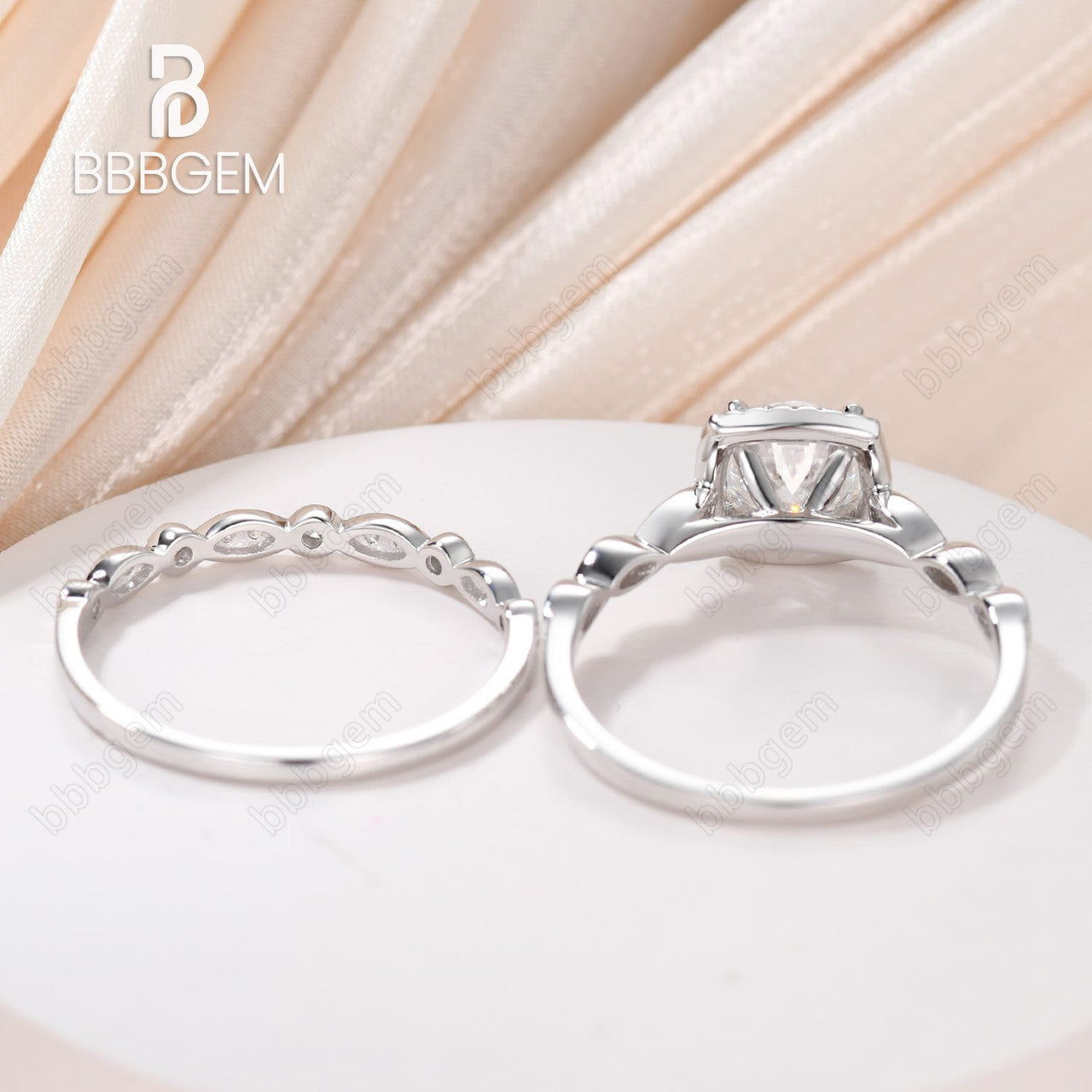 Art Deco Moissanite Engagement Ring Set with 6.5mm Round Cut & Cushion Diamond Halo - 14k White Gold Marquise Wedding Band for Women | Perfect for Proposals, Anniversaries & Bridal Jewelry