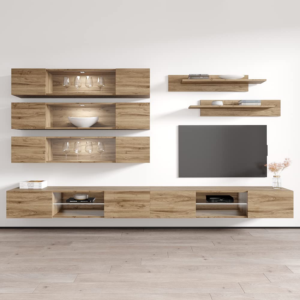 Modern Floating TV Stand with Storage & LED Lights - Wall-Mounted Entertainment Center for Bedroom & Living Room - Oak Wood TV Console with Shelves - Perfect for Small Spaces & Home Theater Setup