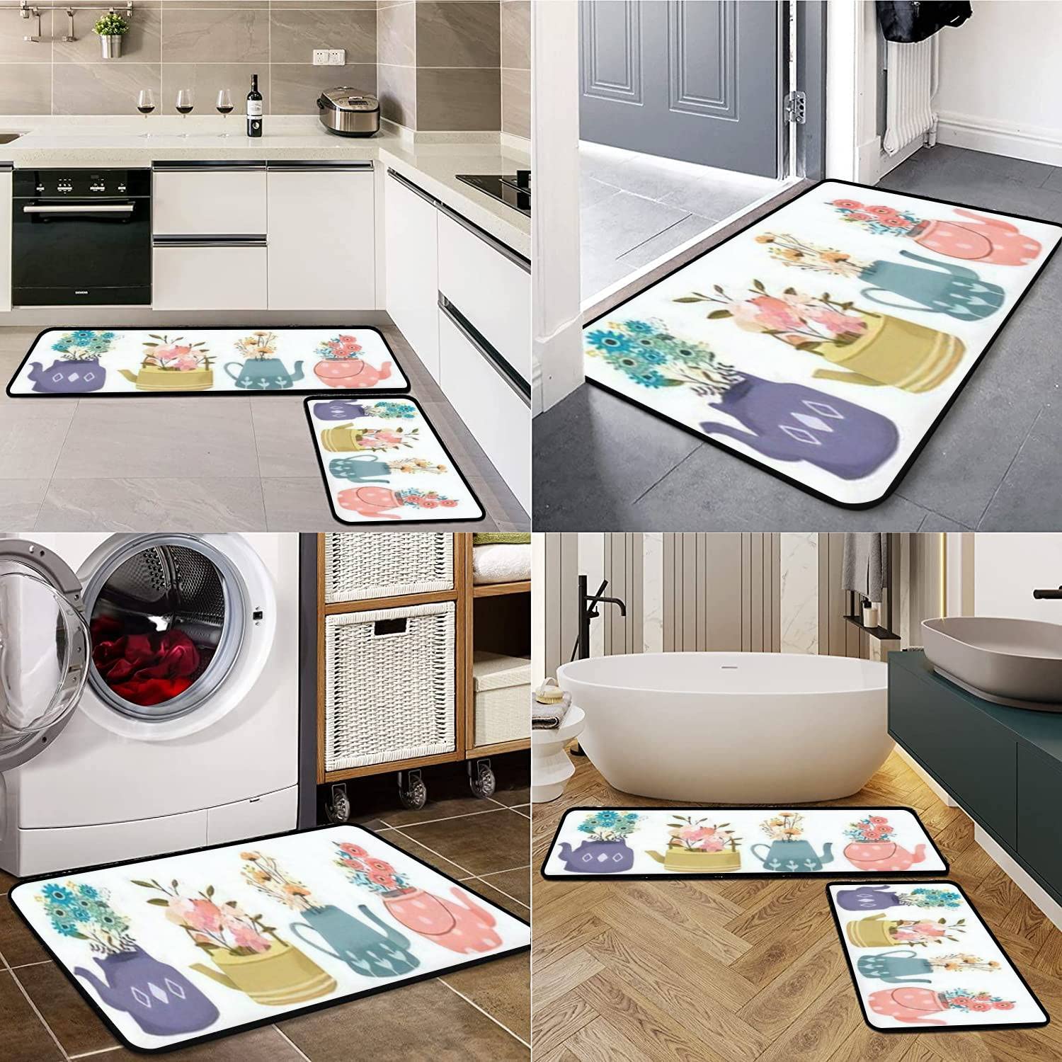 Non-Slip Washable Kitchen Rugs Set with Teapot Flower Design - Anti-Fatigue Floor Mat, Kitchen Runner, Doormat & Bath Rug for Comfortable Standing - Perfect for Home Decor, Cooking & Bathroom Safety