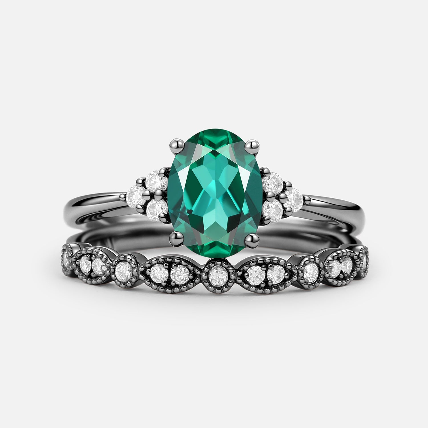 1.5ct Oval Cut Lab-Created Emerald & Diamond Ring Set in 14K Yellow Gold - 2 Piece Bridal Set for Engagement & Wedding