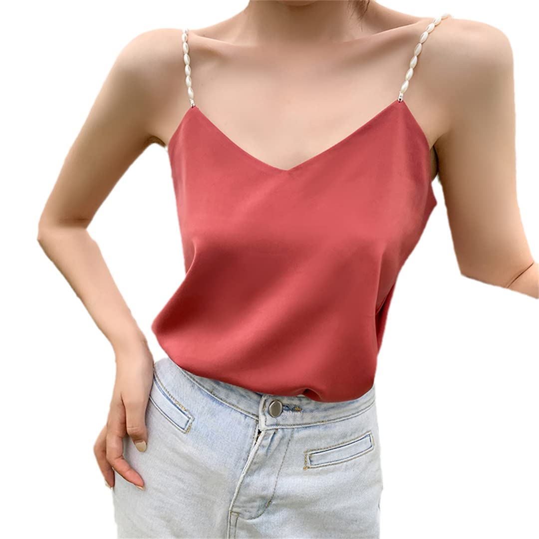 Women's V-Neck Satin Camisole - Spaghetti Strap Beaded Tank Top for Summer | Sexy Sleeveless Vest for Date Night & Beach Cover Up