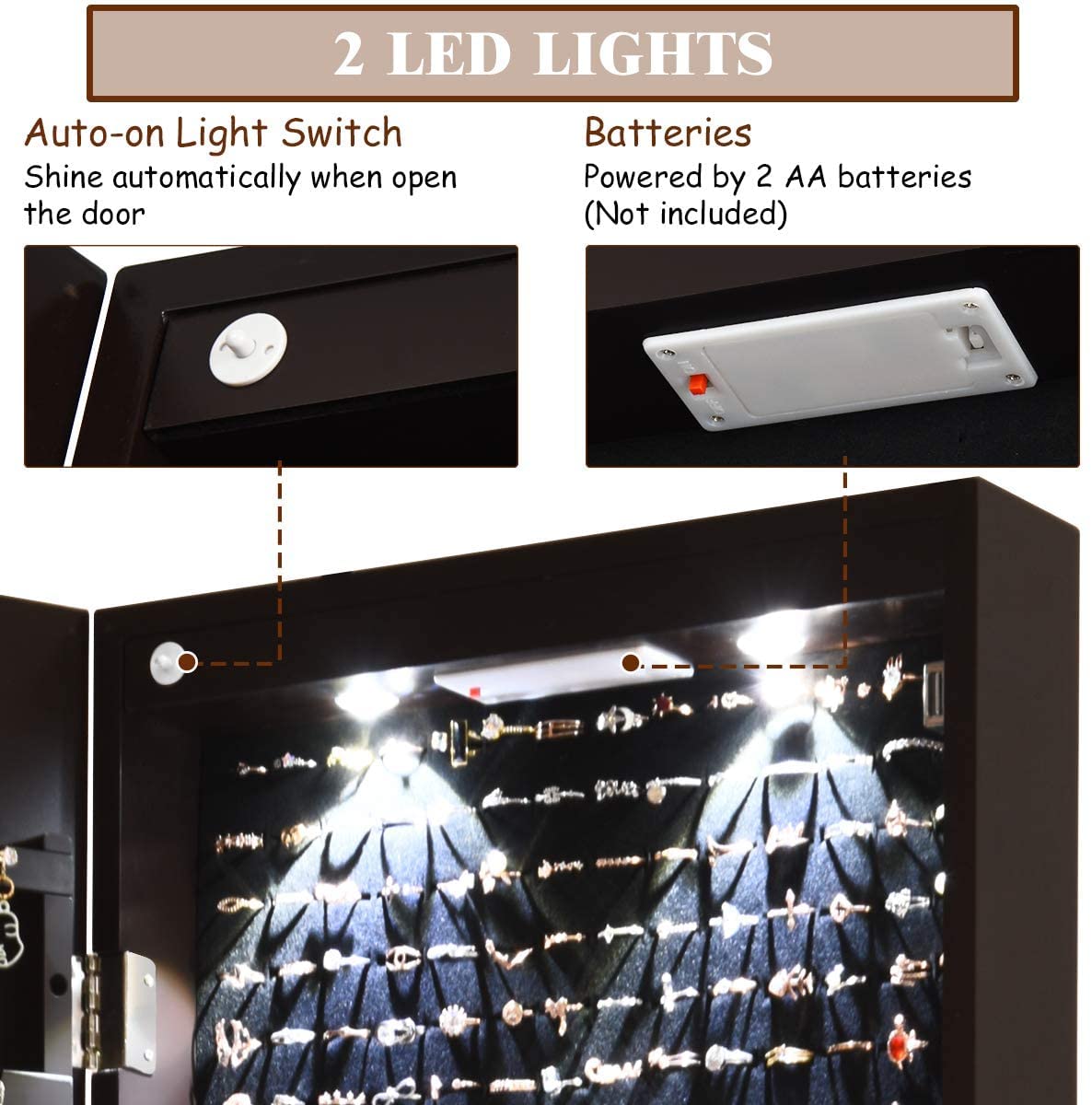 Hysache Full-Length Mirror Jewelry Armoire with LED Lights - Lockable Wall Mount Jewelry Cabinet Organizer with Makeup Pouch, Bracelet Rod & Storage for Necklaces, Rings - Perfect for Bedroom, Dressing Room & Vanity (Brown)