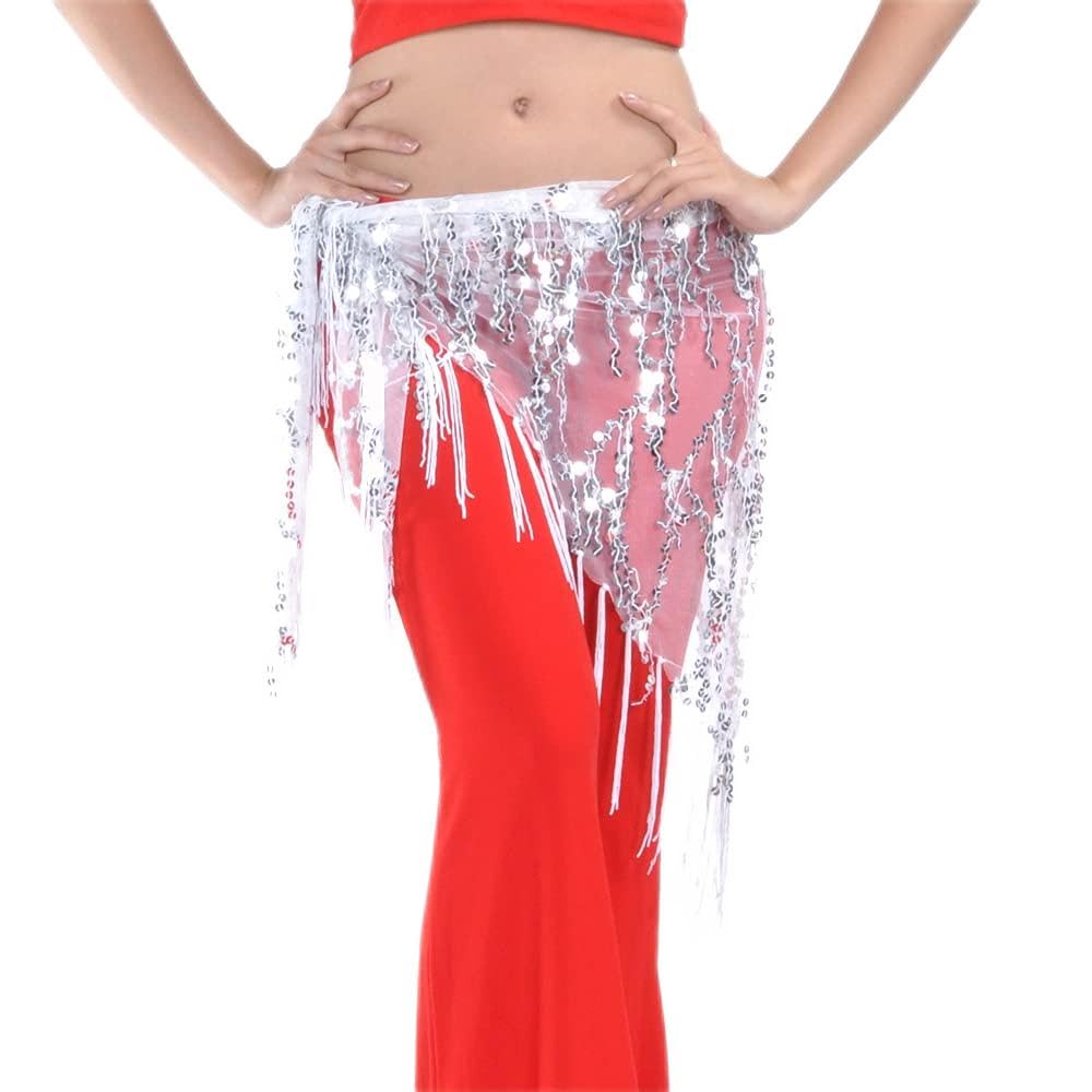 SHOWYOU 13 Color Sequined Triangle Scarf - Waist Belly Dance Hip Scarf with Triangle Beads for Bellydance Belts (White) - Perfect for Dance Performances, Yoga, and Fitness Classes