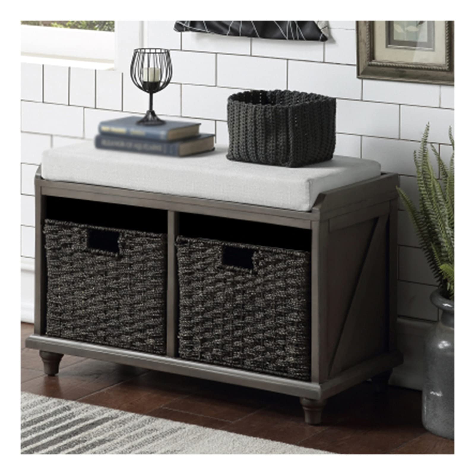 HXHN Wood Storage Bench with 2 Woven Baskets - Multi-Functional Cube Ottoman for Bedroom, Living Room | End of Bed Bench, Footrest & Stylish Home Organization Solution