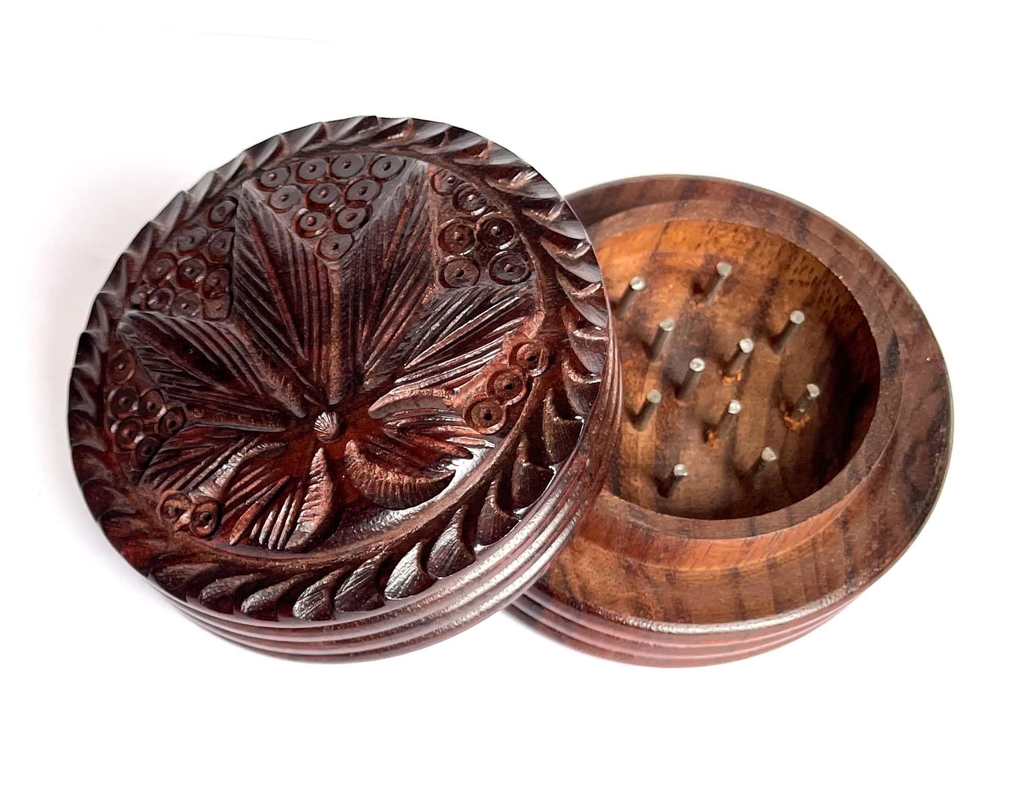 Handmade Artistic Carved Natural Antique 2-Inch Herb Grinder - Eco Friendly 2-Part Design for Herbs & Spices | Perfect for Cooking, Aromatherapy & Herbal Remedies