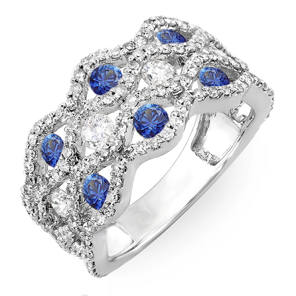 10K White Gold Round White Diamond & Blue Sapphire Women's Cocktail Ring - Elegant Right Hand Ring for Parties, Weddings & Special Occasions | Dazzlingrock Collection