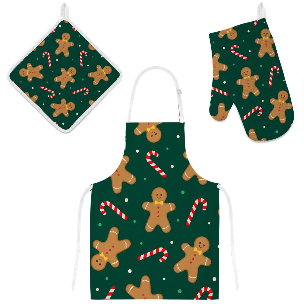 Kuizee 3-Piece Kitchen Apron Set - Christmas Gingerbread Man & Candy Cane Design - Heat Resistant Oven Mitts & Microwave Gloves - Perfect for Baking, Cooking, and Holiday Gift Giving