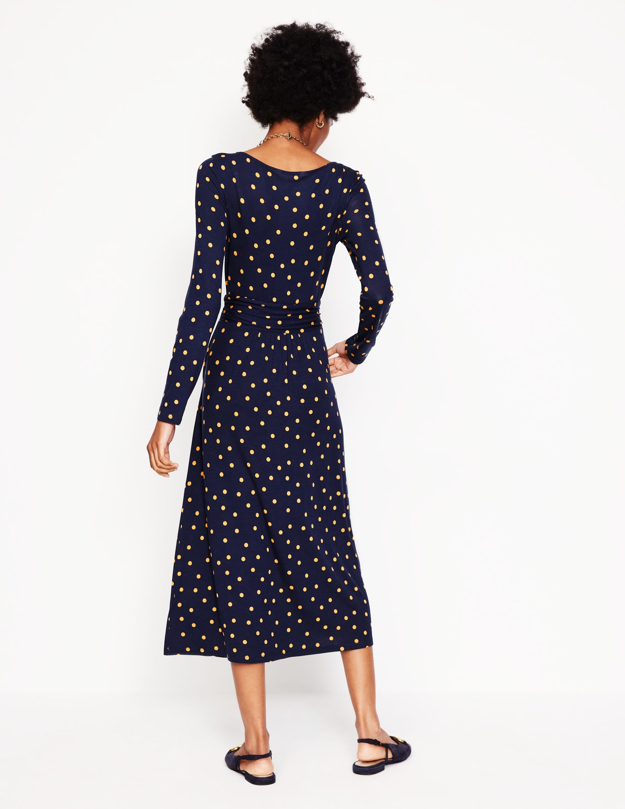 Amelie Navy Blue Long Sleeve Midi Dress with Sparse Spot Print - Elegant Office Wear & Casual Fall Dress for Women
