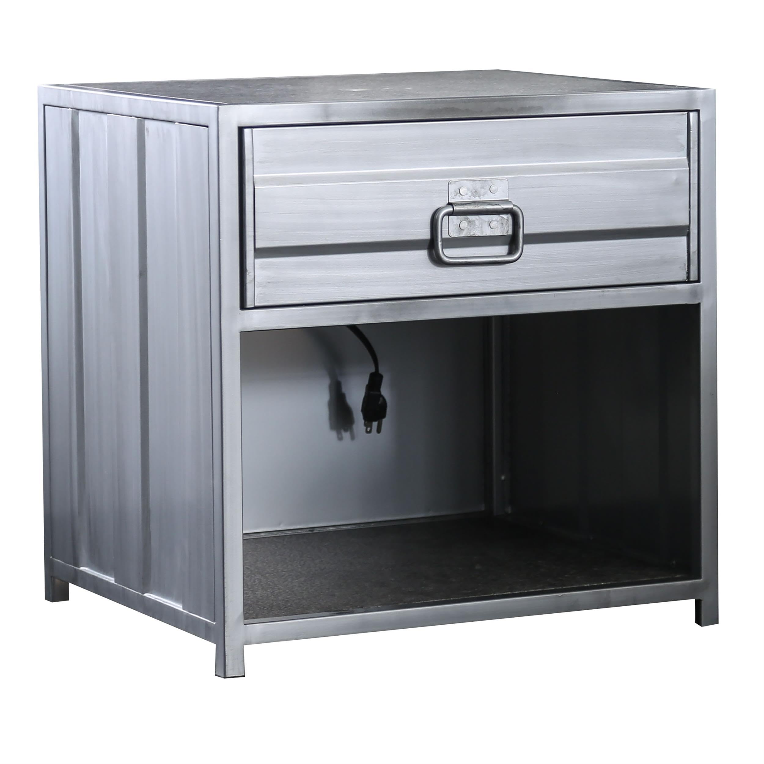 Furniture of America Hazier Industrial Metal Nightstand in Hand-Brushed Silver - Modern Bedside Table with Storage Shelf for Bedroom, Living Room & Office