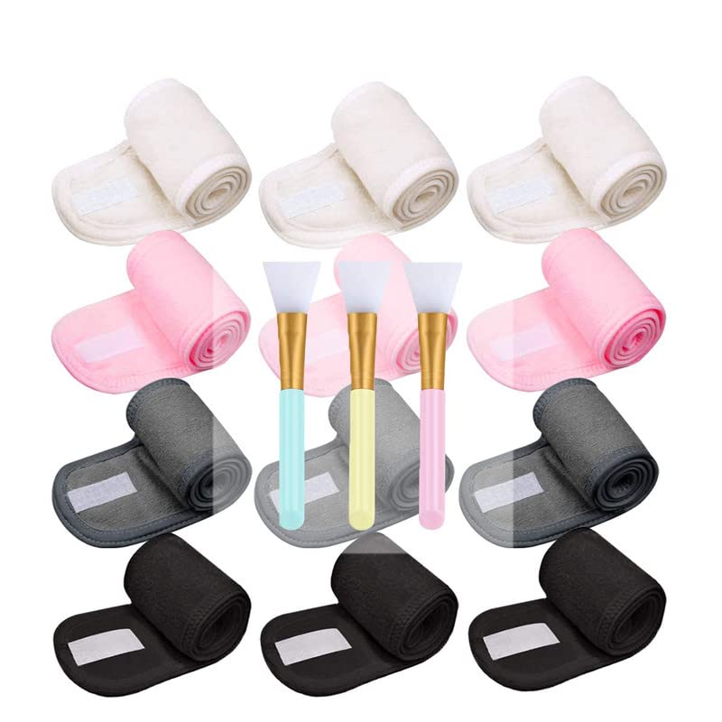 4pcs Spa Facial Headbands for Women - Non-Slip Washable Hair Wraps with Magic Tape | Includes 3pcs Silicone Face Brushes & Body Lotion Applicators | Perfect for Skincare, Makeup & Shower Use