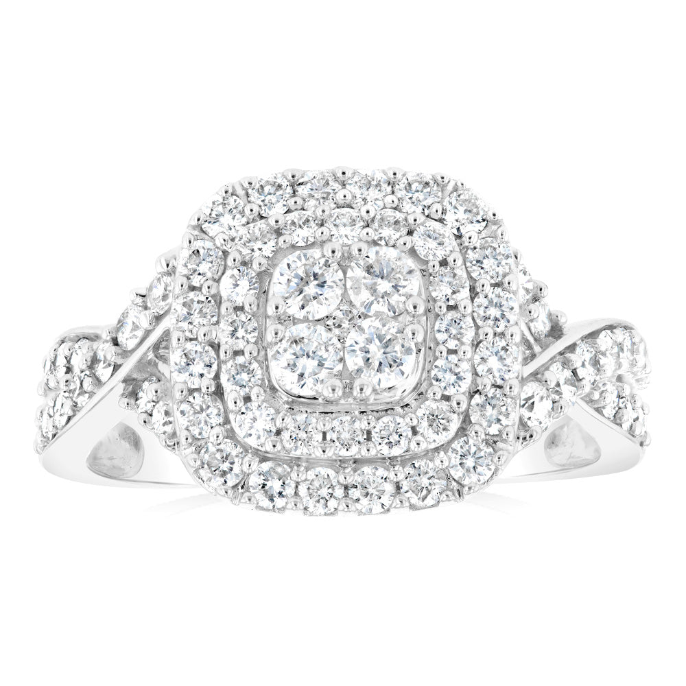 0.95 Carat Diamond Cluster Cushion Ring in 10K White Gold - Elegant Engagement, Wedding & Anniversary Jewelry Gift for Women